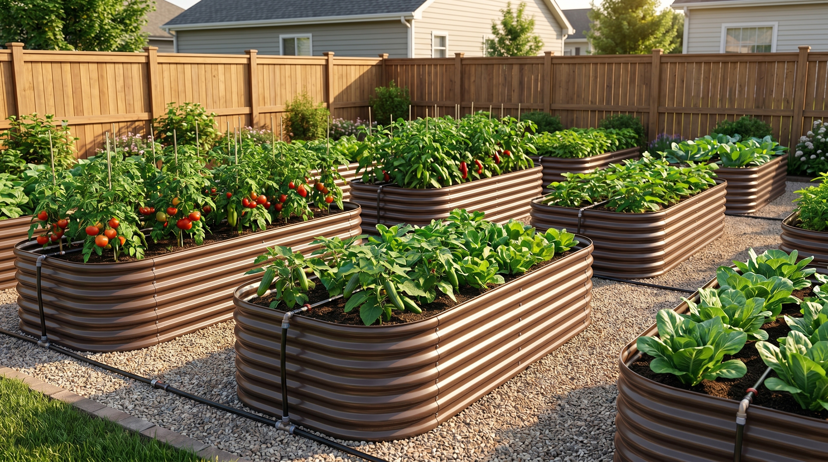 Galvanized steel raised garden beds in a well-organized backyard layout with gravel pathways and irrigation drip lines