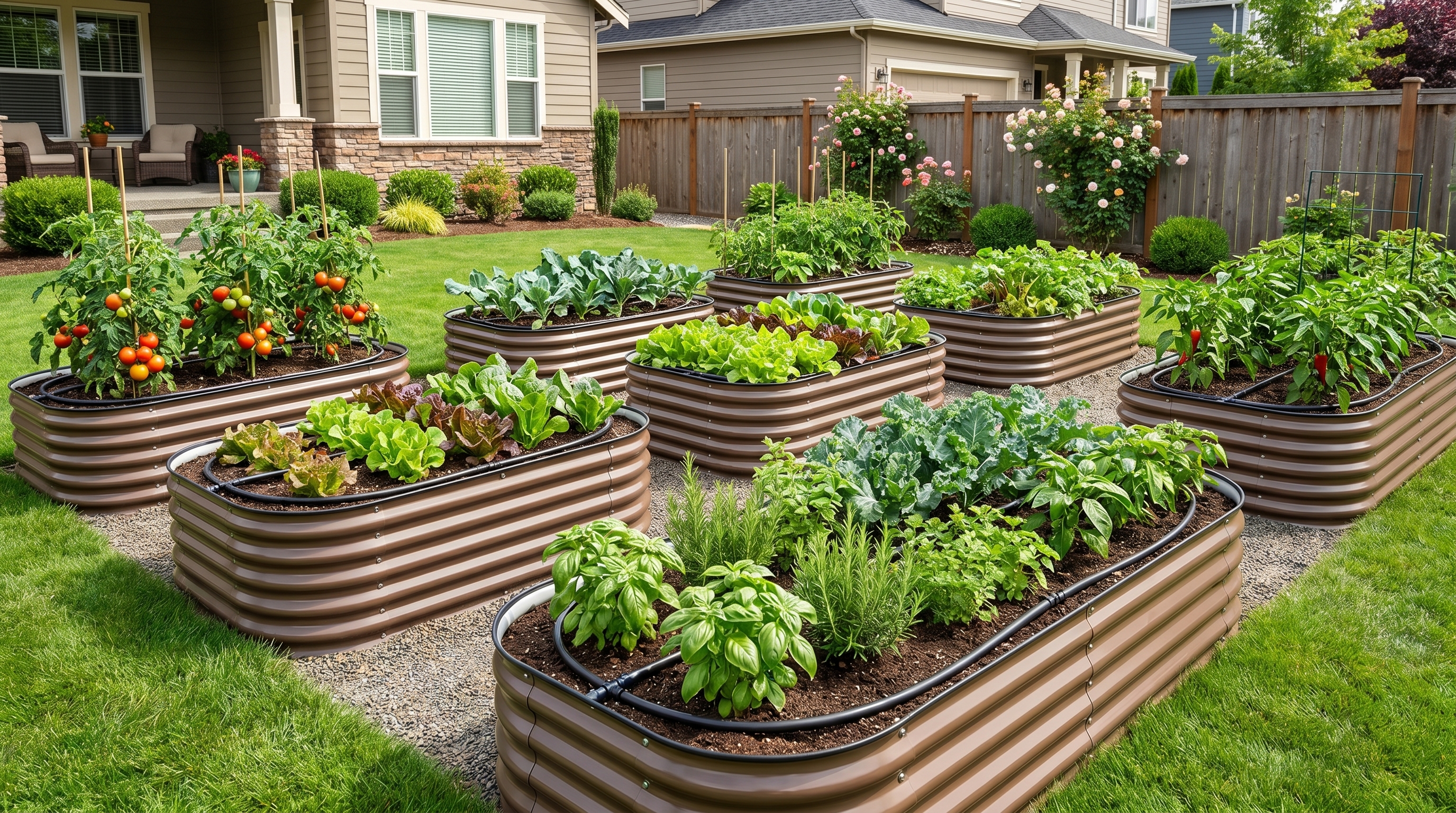 Galvanized steel raised garden beds with irrigation systems and organized layout in a sunny backyard garden