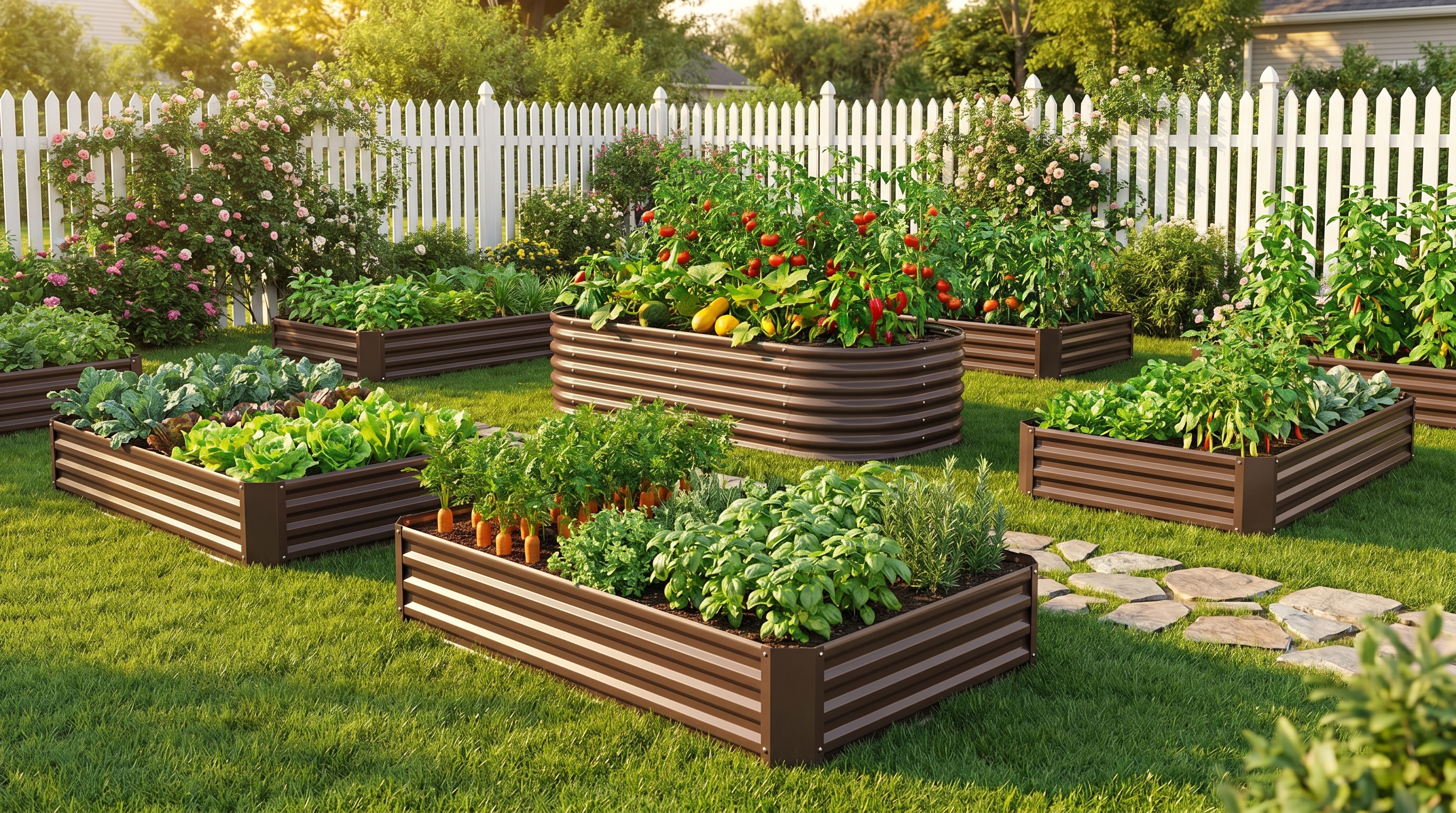 Anleolife galvanized steel raised garden beds arranged in a backyard garden, showing multiple sizes and configurations
