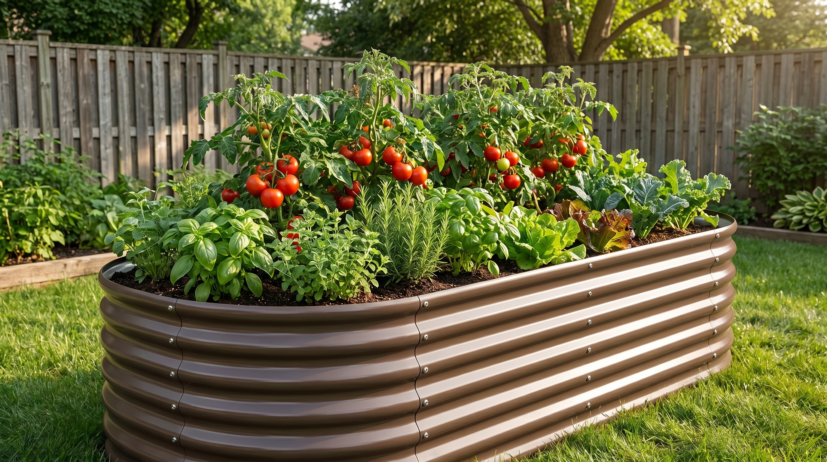Anleolife galvanized steel raised garden bed in a lush backyard garden with tomatoes and herbs growing abundantly inside