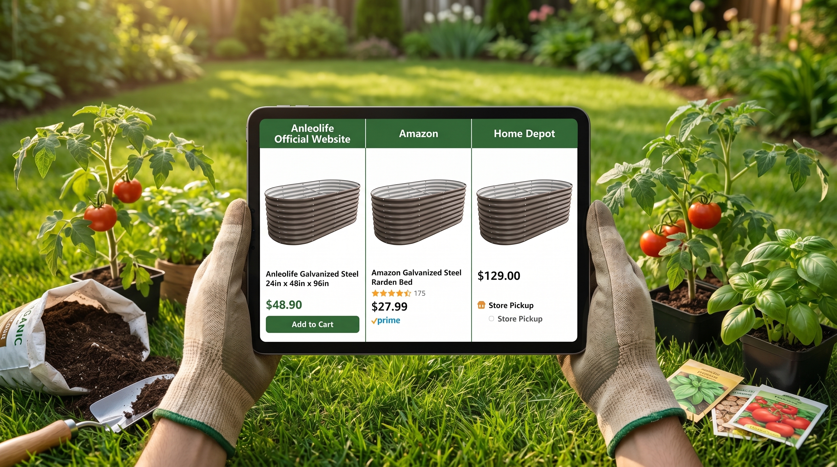 A gardener comparing Anleolife raised garden beds across website, Amazon, and Home Depot platforms