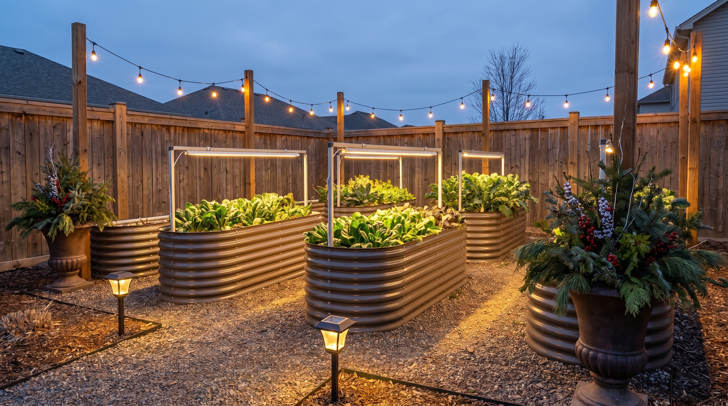 Beautifully lit backyard garden at dusk featuring raised garden beds, container plants, and pathway lighting for year-round visual appeal