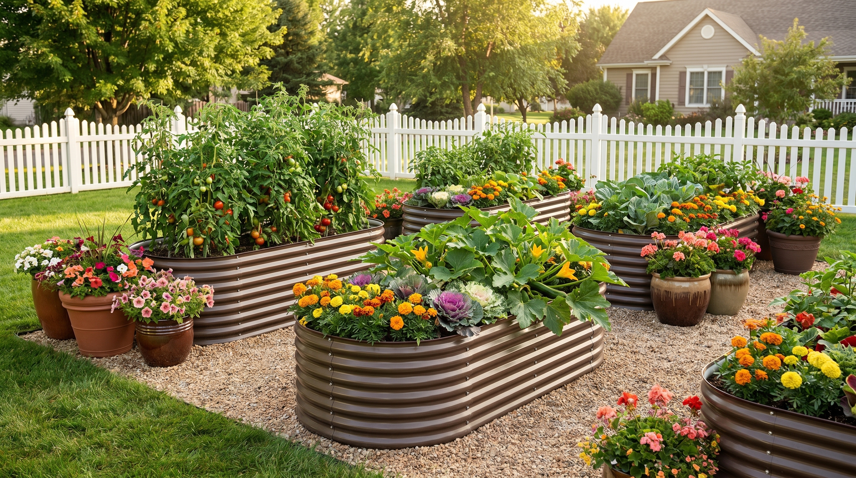 A beautifully designed backyard garden with raised beds, flowering plants, and seasonal greenery that looks stunning year-round