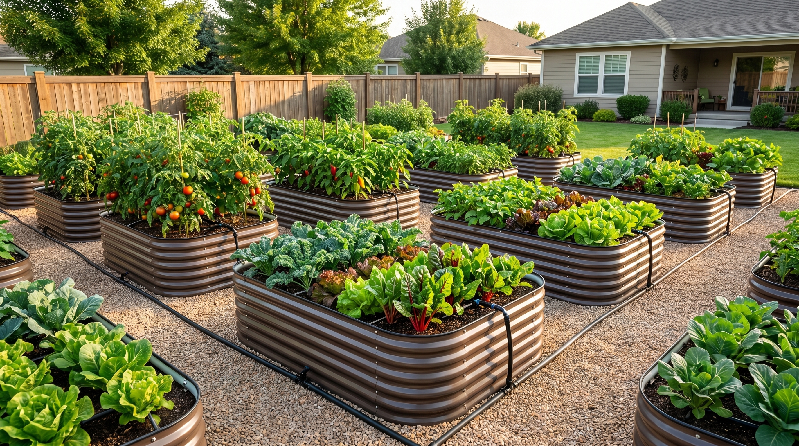 A thriving backyard raised bed garden with vegetables, pathways, and structured planting zones on a budget