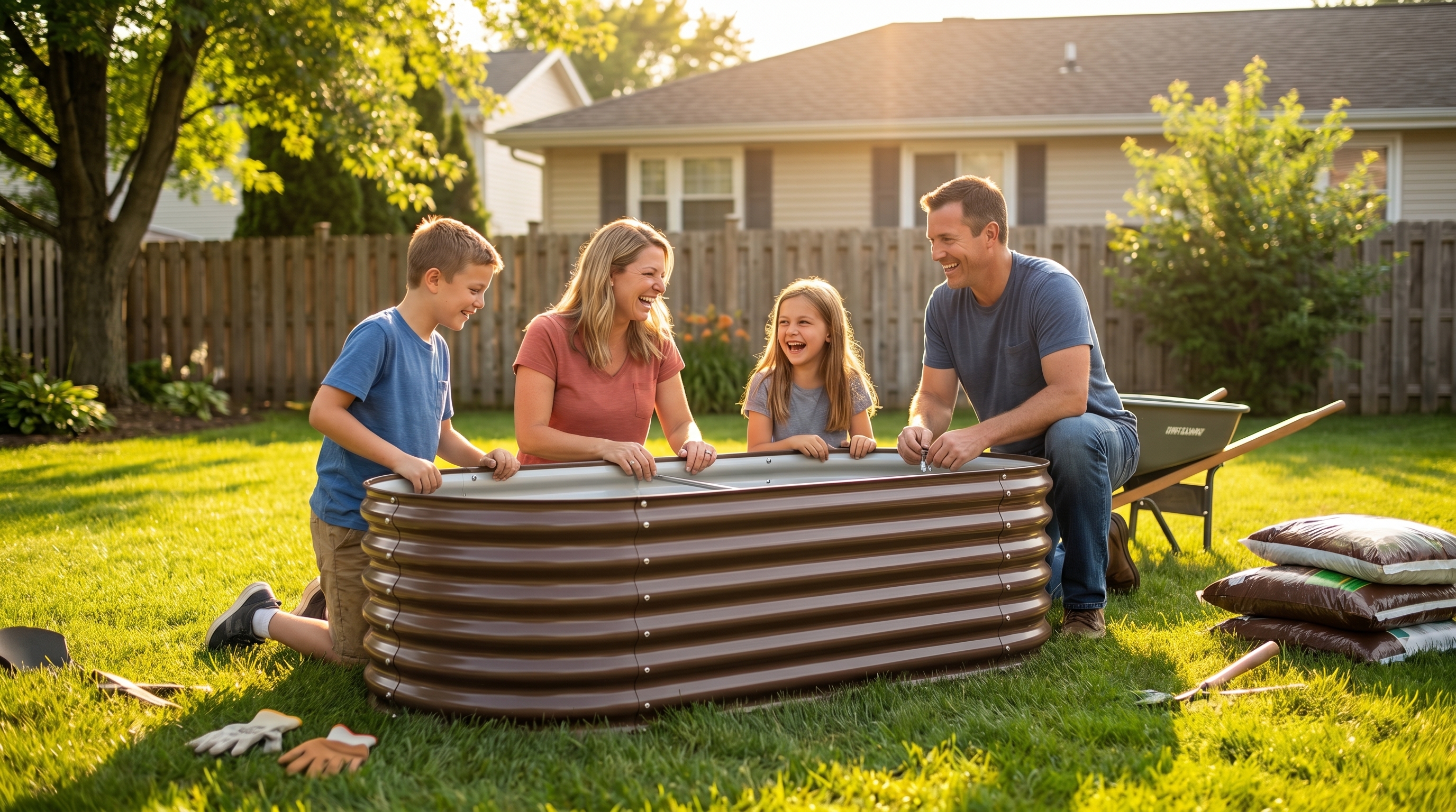 A growing family assembles a modular raised garden bed kit in their sunny backyard this summer