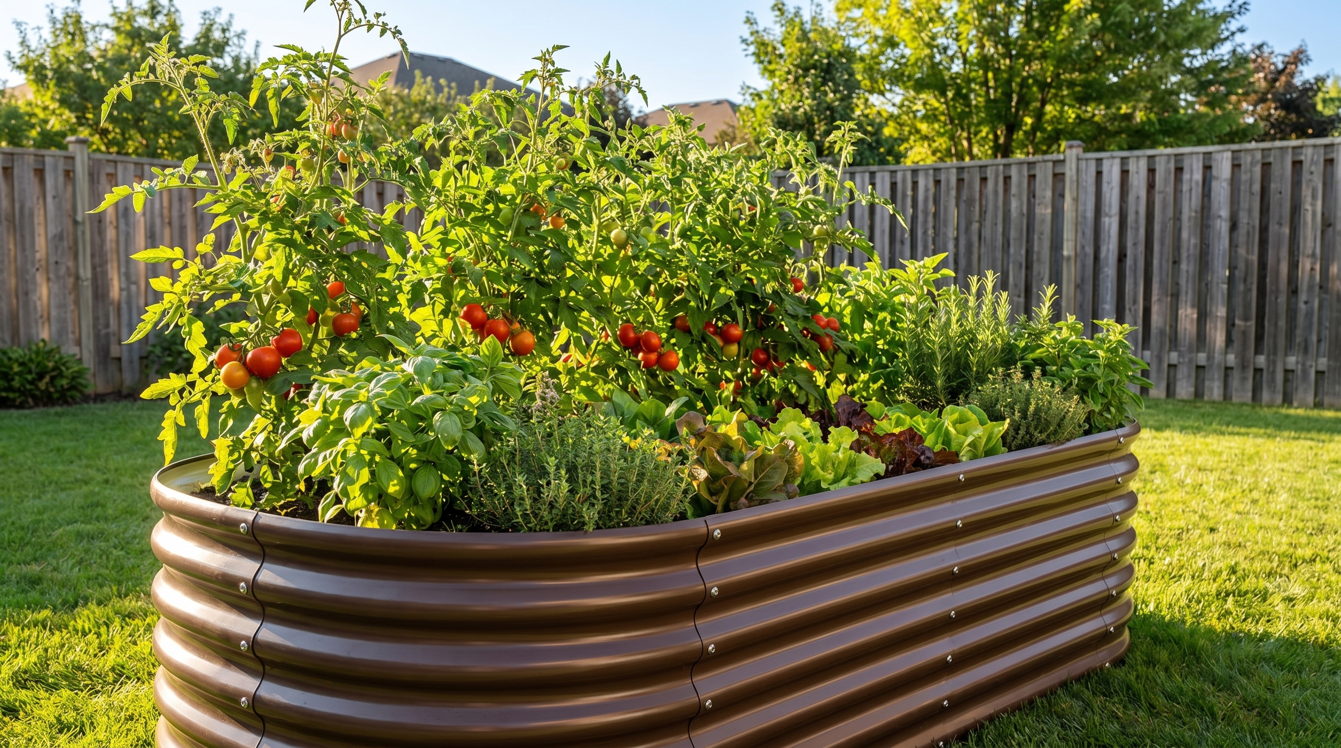 A modular raised garden bed system assembled in a backyard garden with vegetables growing