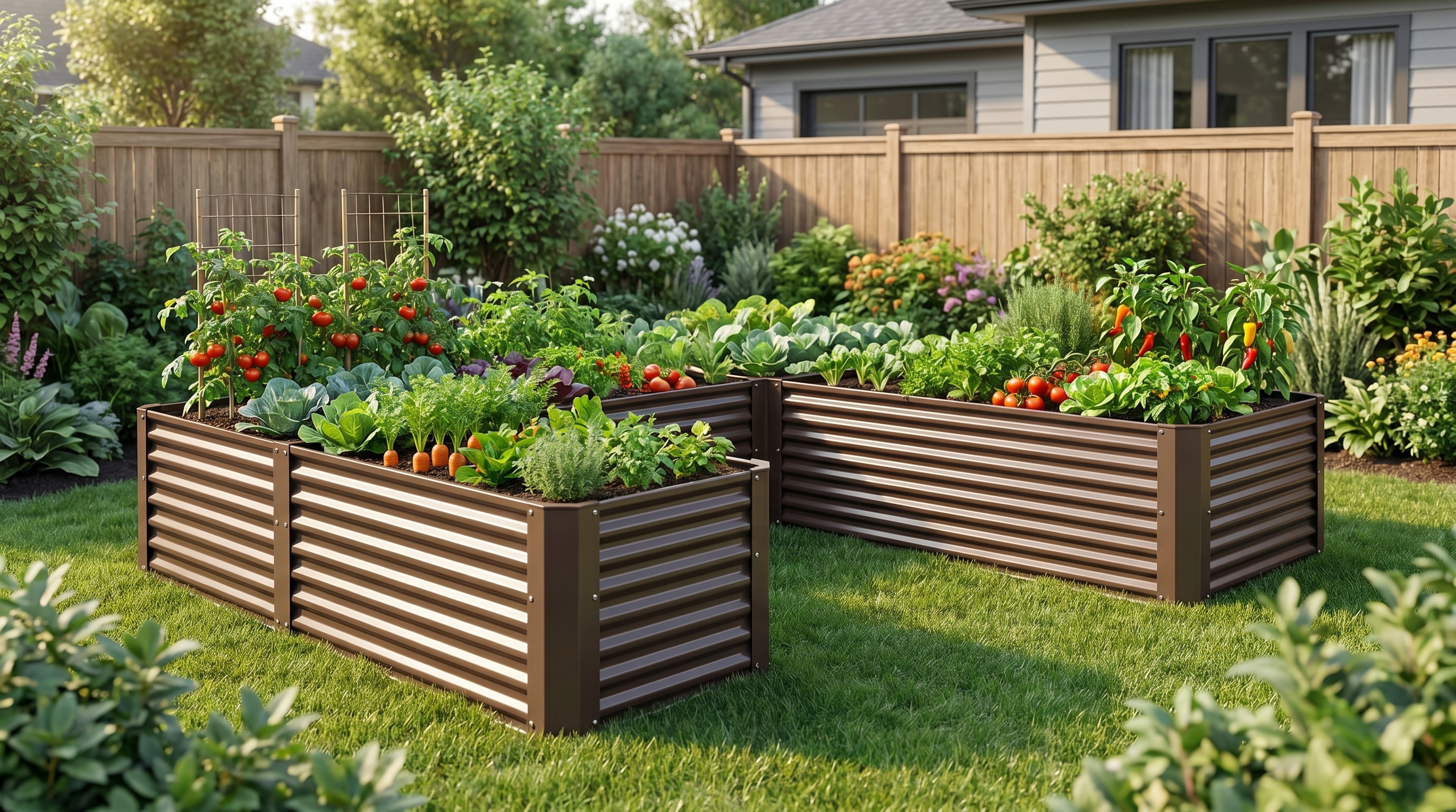 Modular raised garden bed panels being assembled in various configurations for different yard layouts