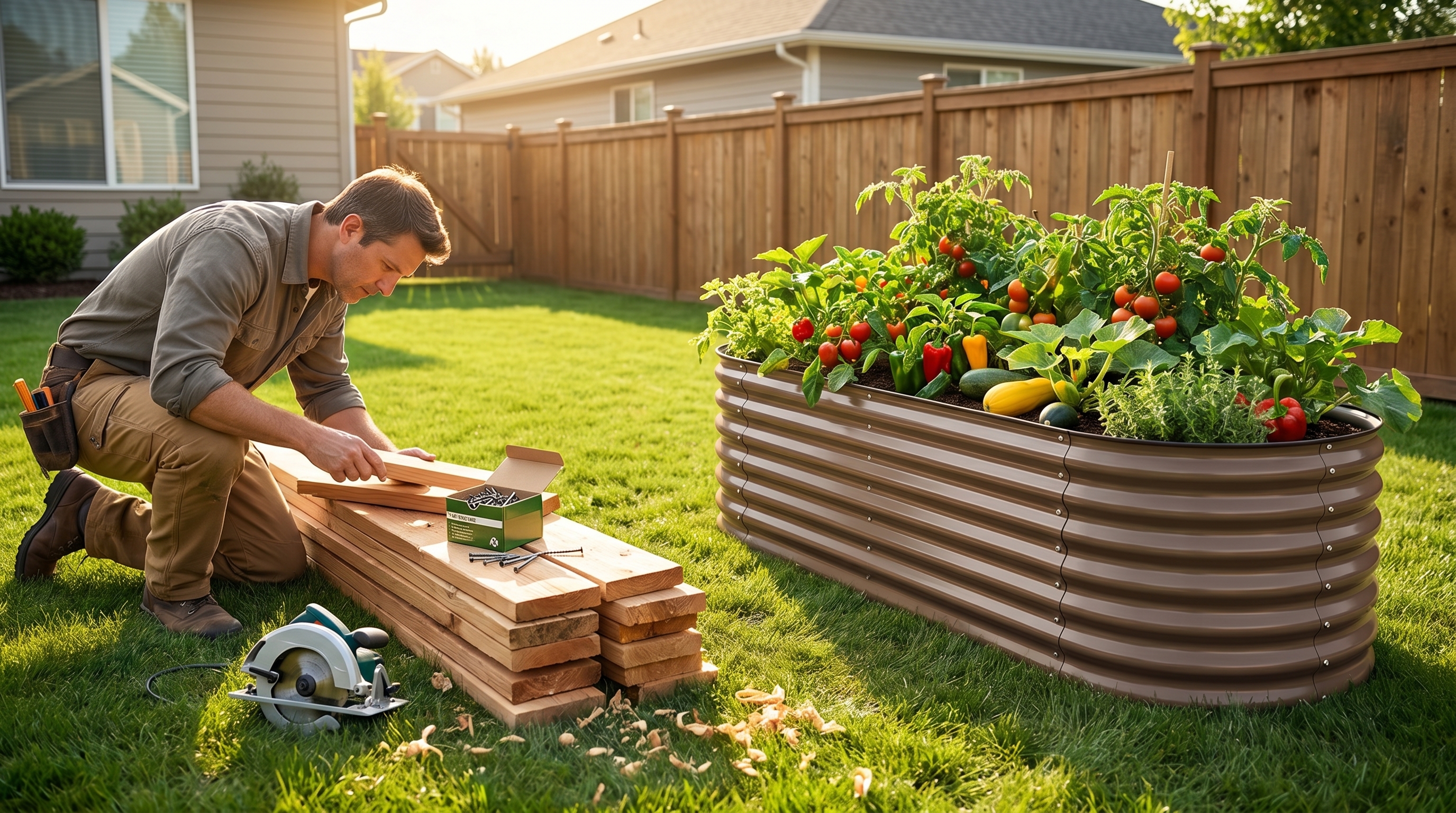 A homeowner comparing raised garden bed kits with DIY lumber materials in a sunny backyard garden