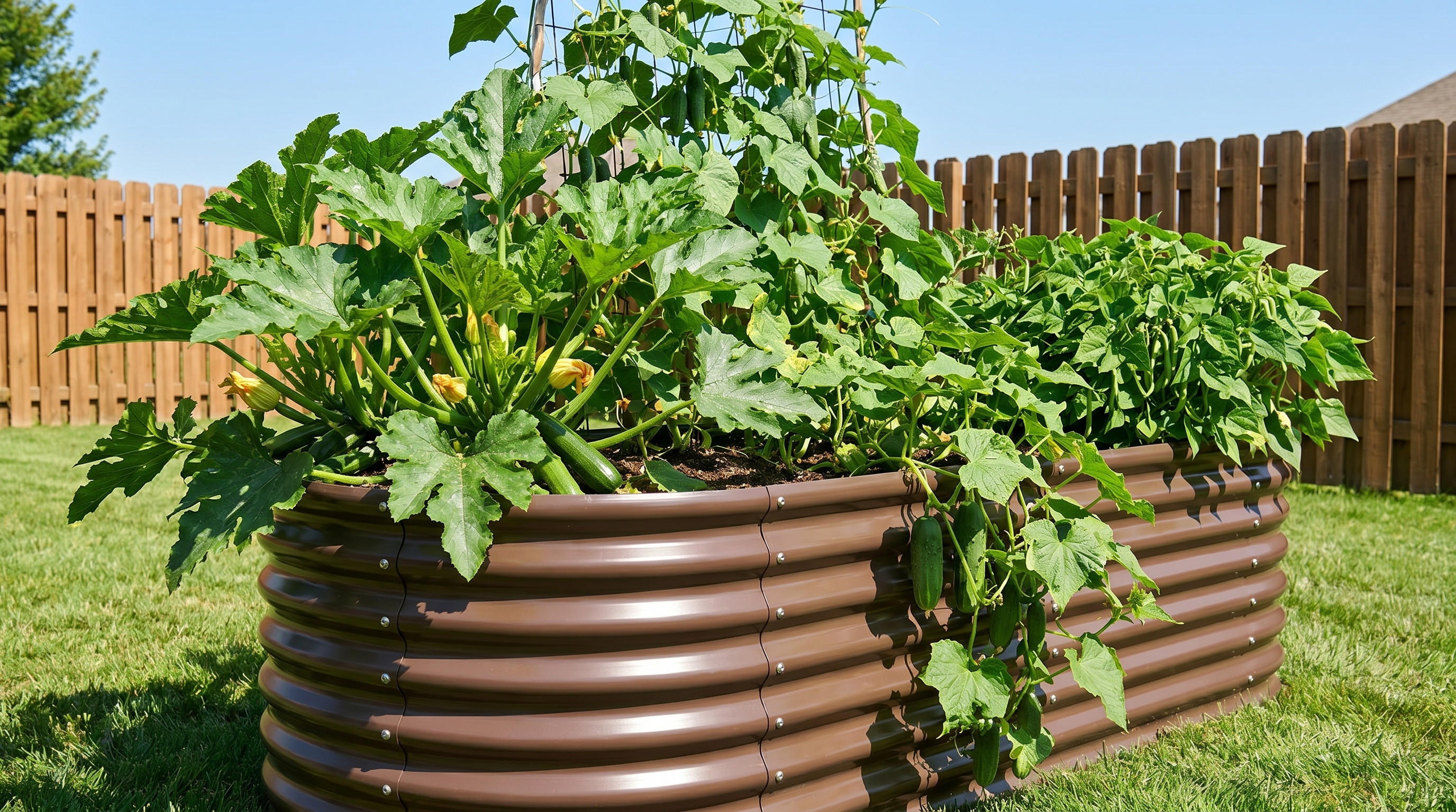 Anleolife galvanized steel raised garden bed filled with summer vegetables in a backyard setting