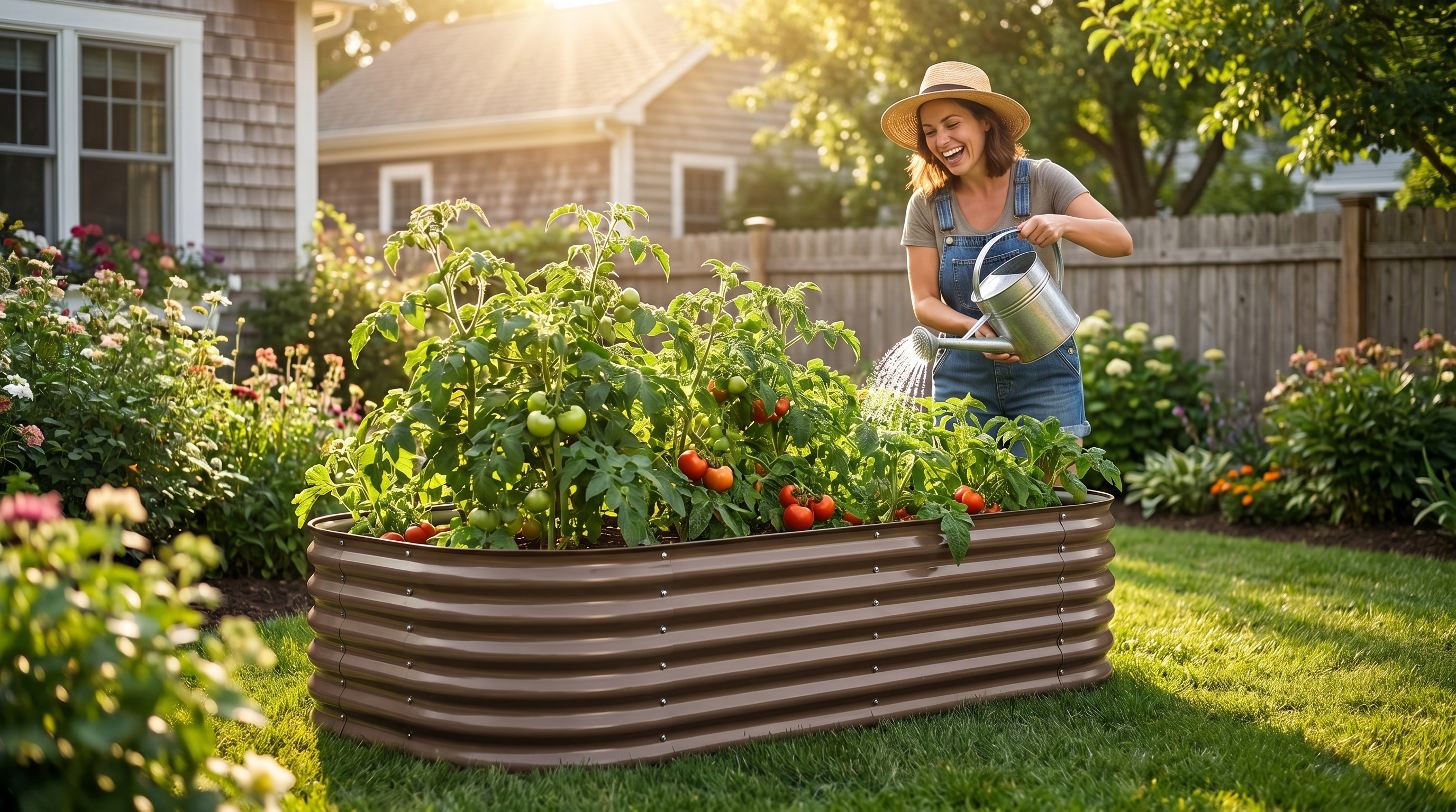 A lush raised garden bed filled with thriving tomato plants under bright summer sunlight
