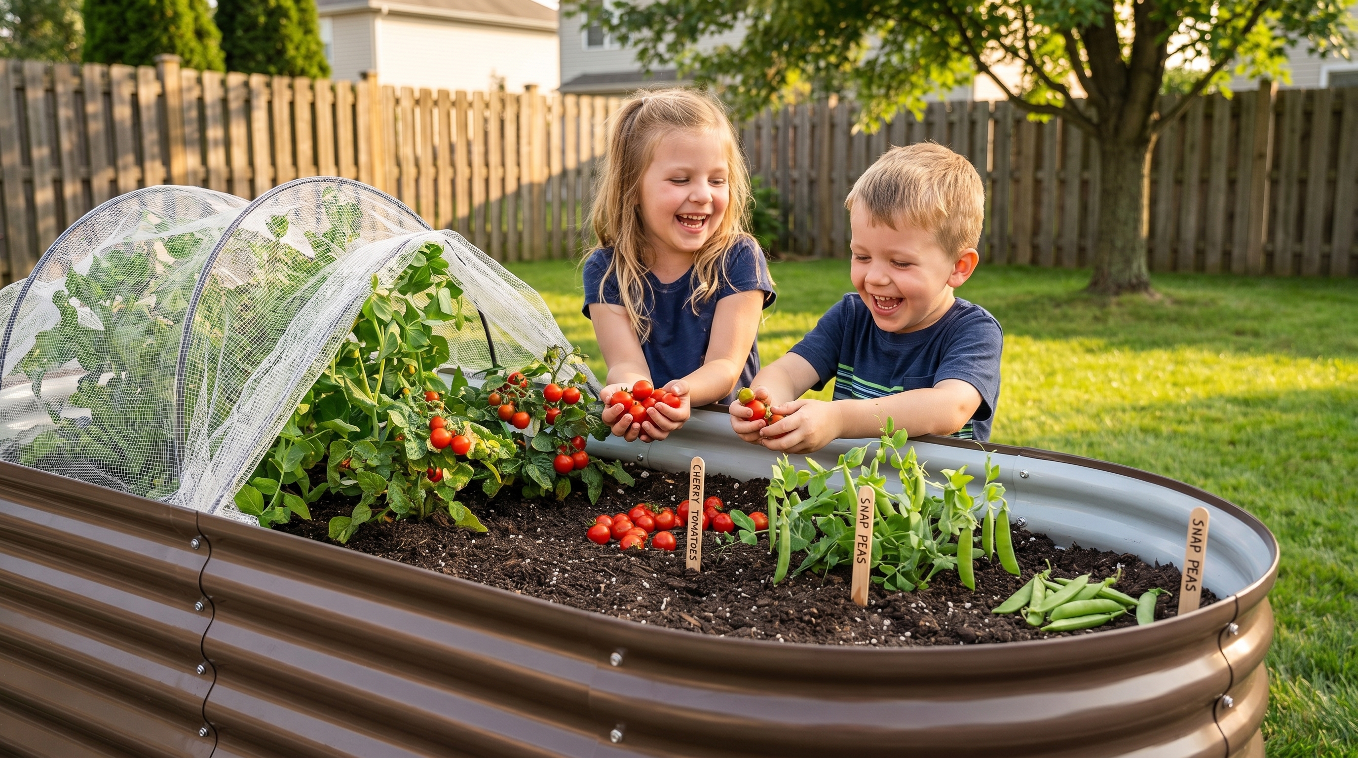 Children harvesting cherry tomatoes from a galvanized steel raised bed in a dedicated kids' garden corner Children harvesting cherry tomatoes from a galvanized steel raised bed in a dedicated kids' garden corner