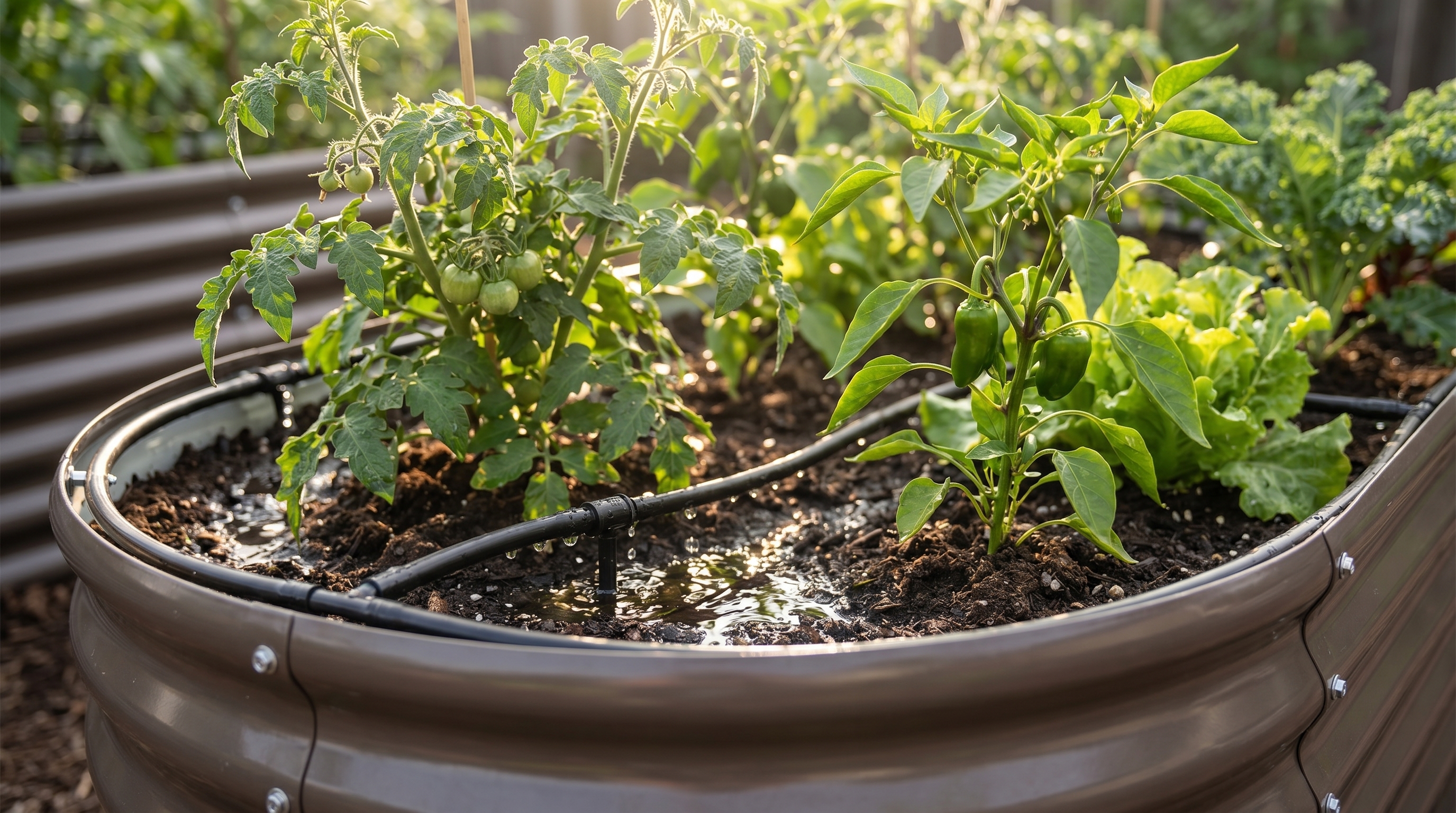 Drip emitters installed in a galvanized steel raised garden bed with healthy summer vegetable plants thriving