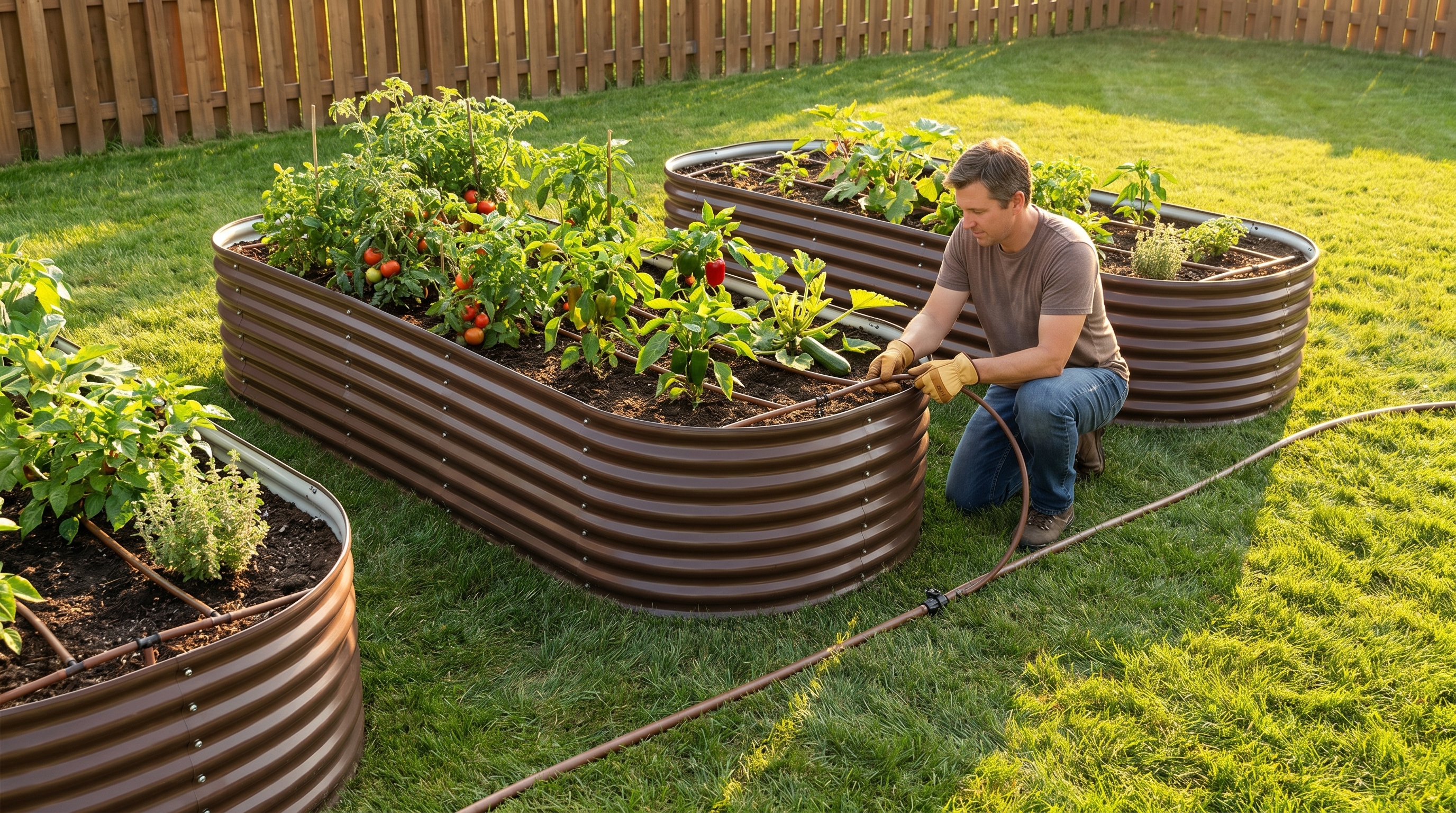 A homeowner setting up a drip irrigation system across multiple galvanized steel raised garden beds in a sunny backyard