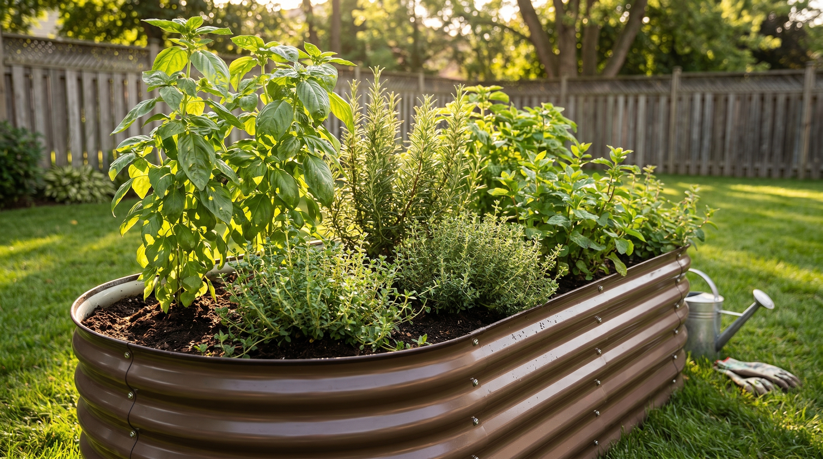 A lush raised garden bed filled with fresh herbs including basil, rosemary, and mint growing in a galvanized steel bed