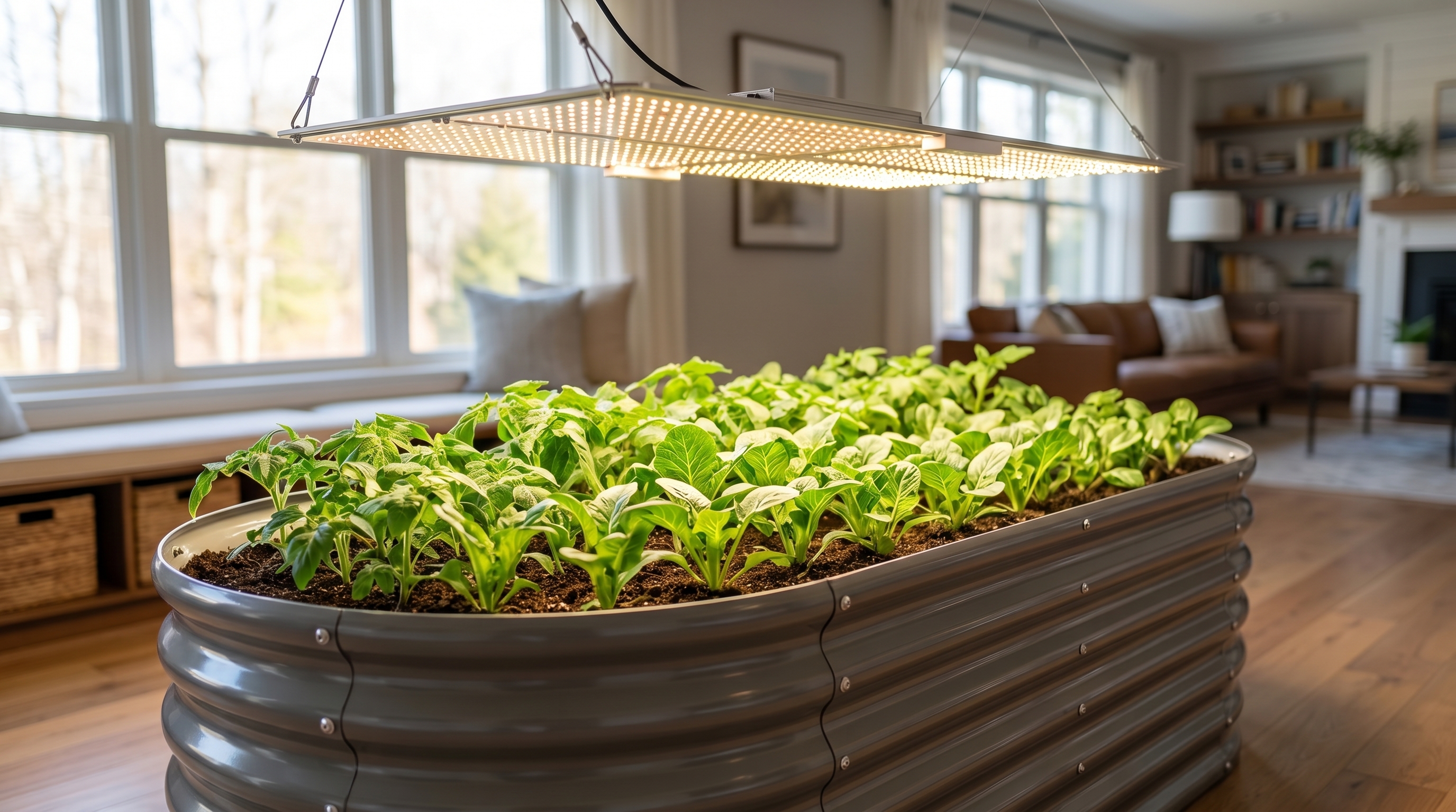 Full-spectrum LED grow lights illuminating indoor vegetable seedlings in a modern home garden setup