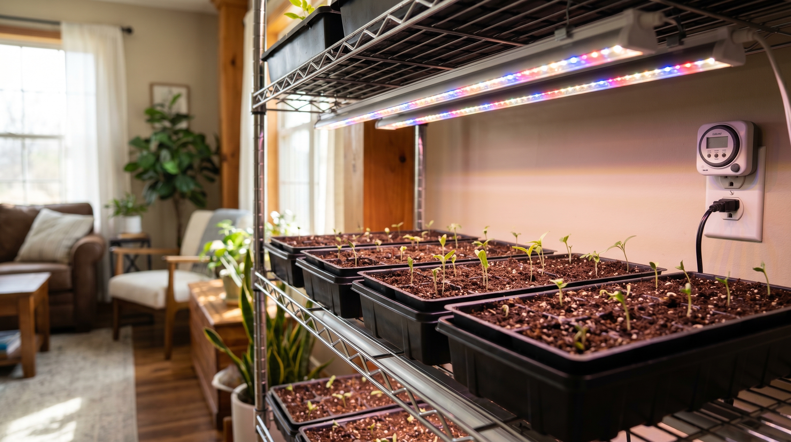 A home gardener setting up LED grow lights over seed trays indoors, preparing for spring planting season