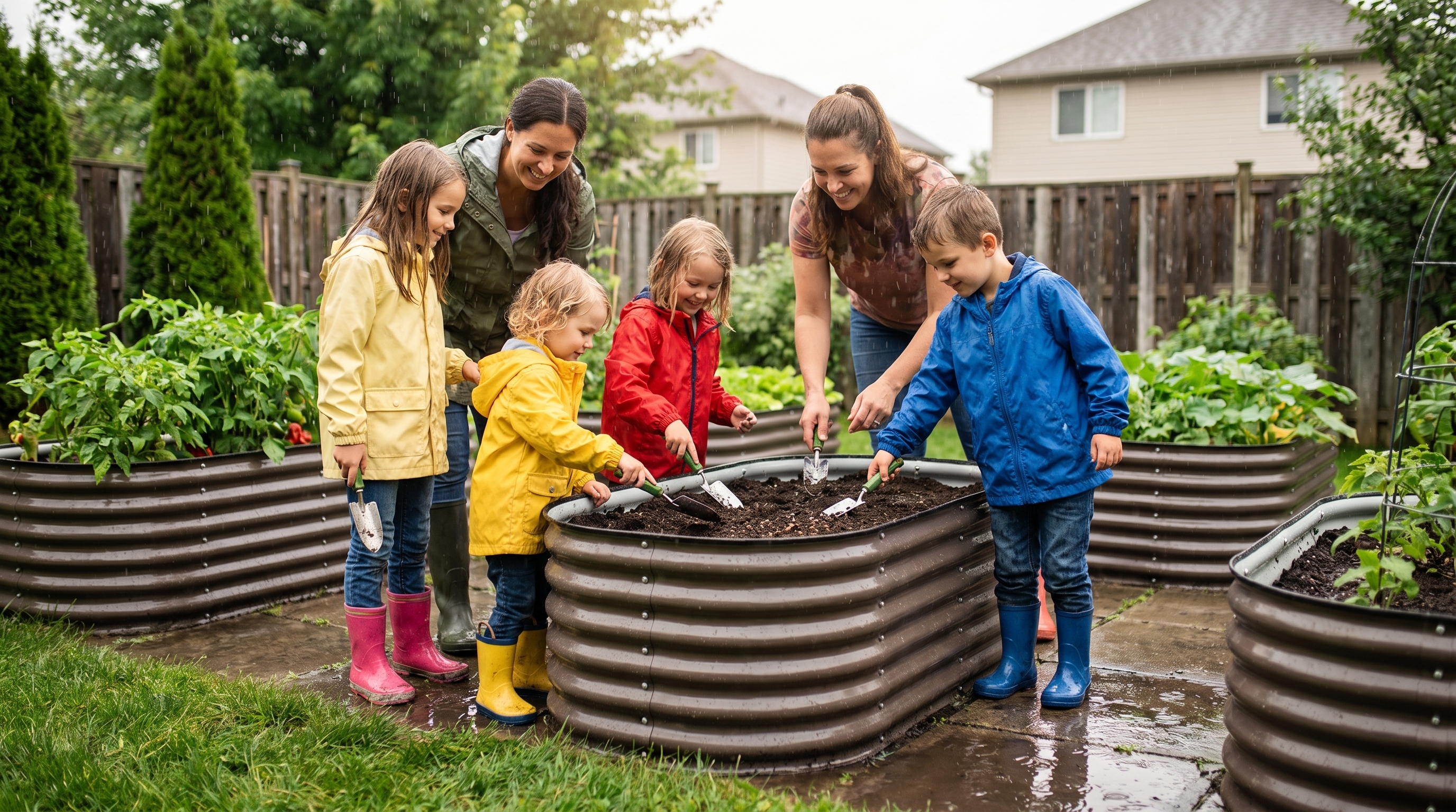 Children and parents gardening together in raised beds on a rainy summer day