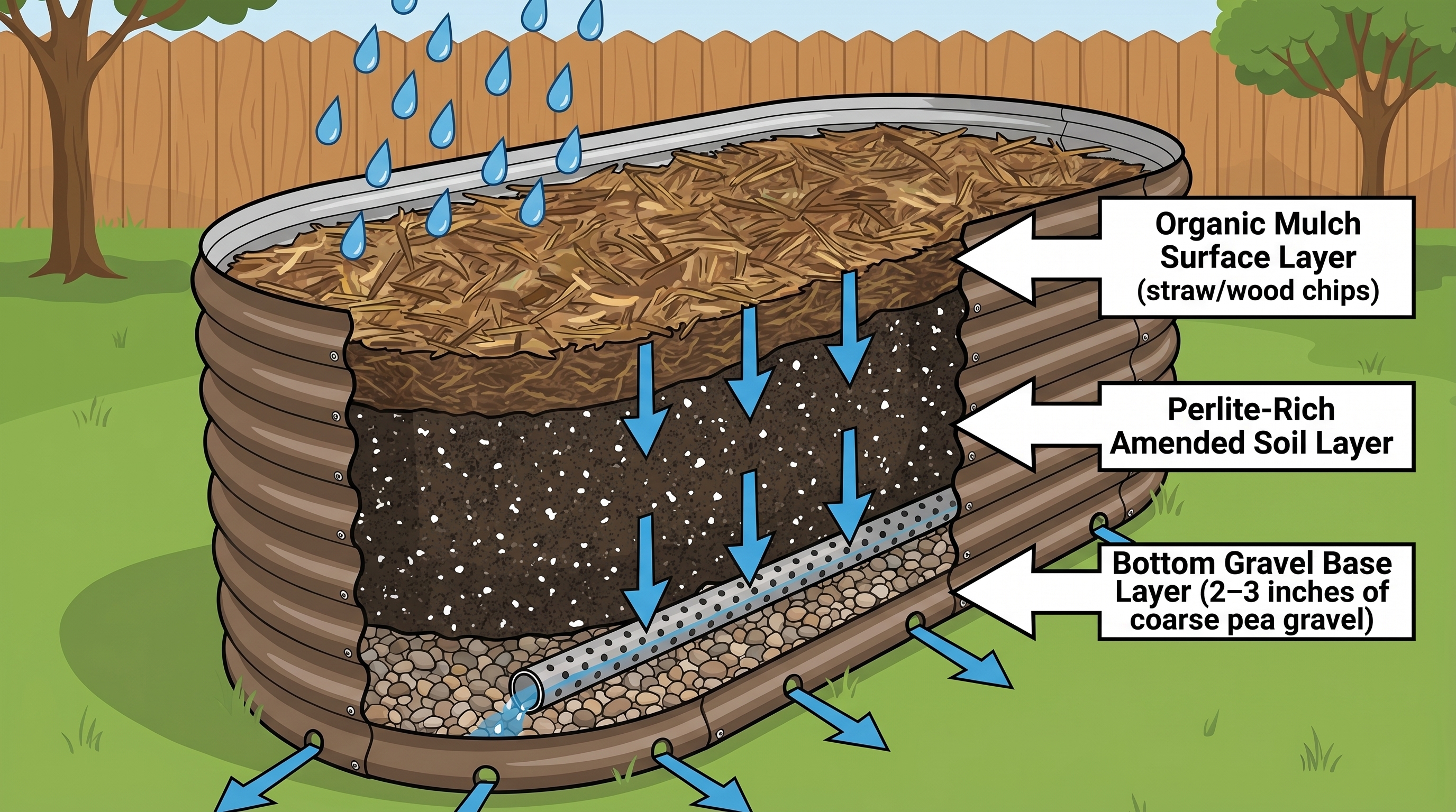 Cross-section of raised garden bed showing proper drainage layers including gravel, amended soil, and mulch surface