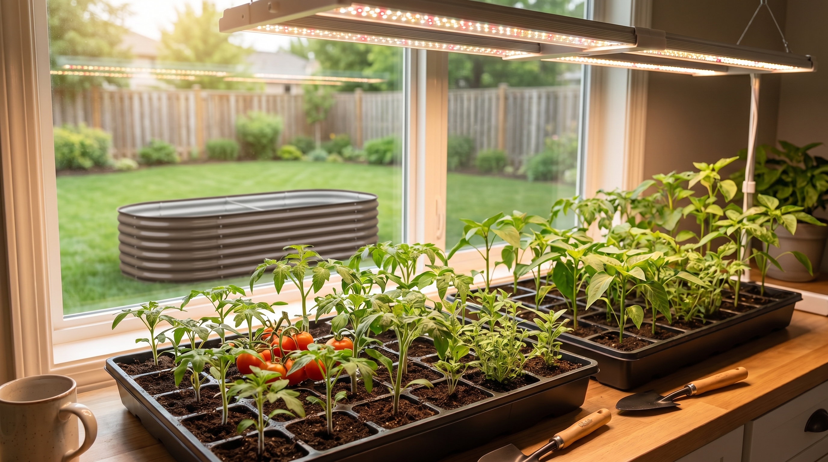 Indoor seedlings thriving under full-spectrum LED grow lights before transplant to galvanized steel raised garden beds