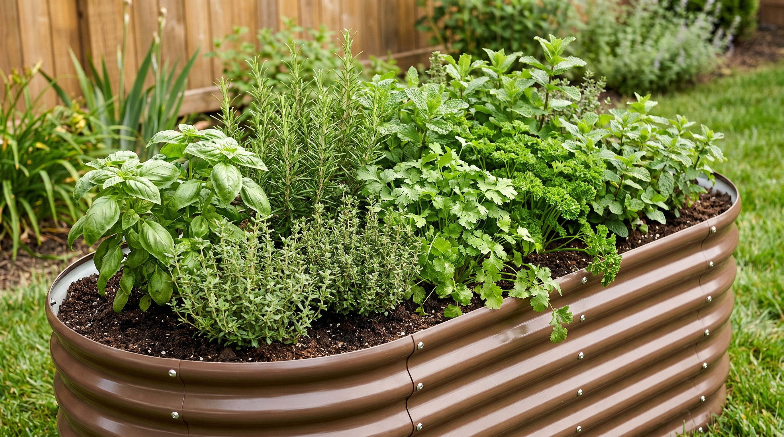 Assortment of culinary herbs growing in an Anleolife galvanized steel raised garden bed with rich well-draining soil