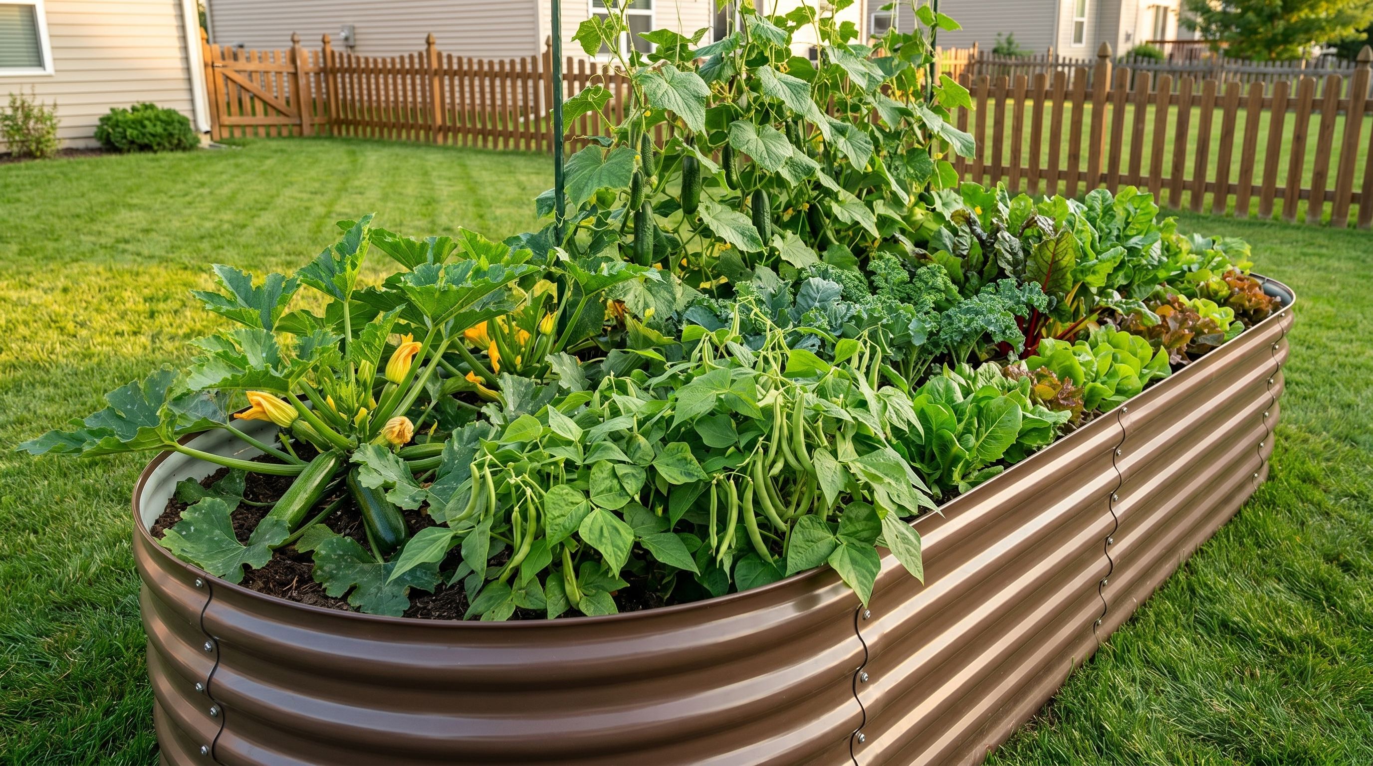 A thriving raised bed garden in summer with rows of vegetables freshly sown in June and July