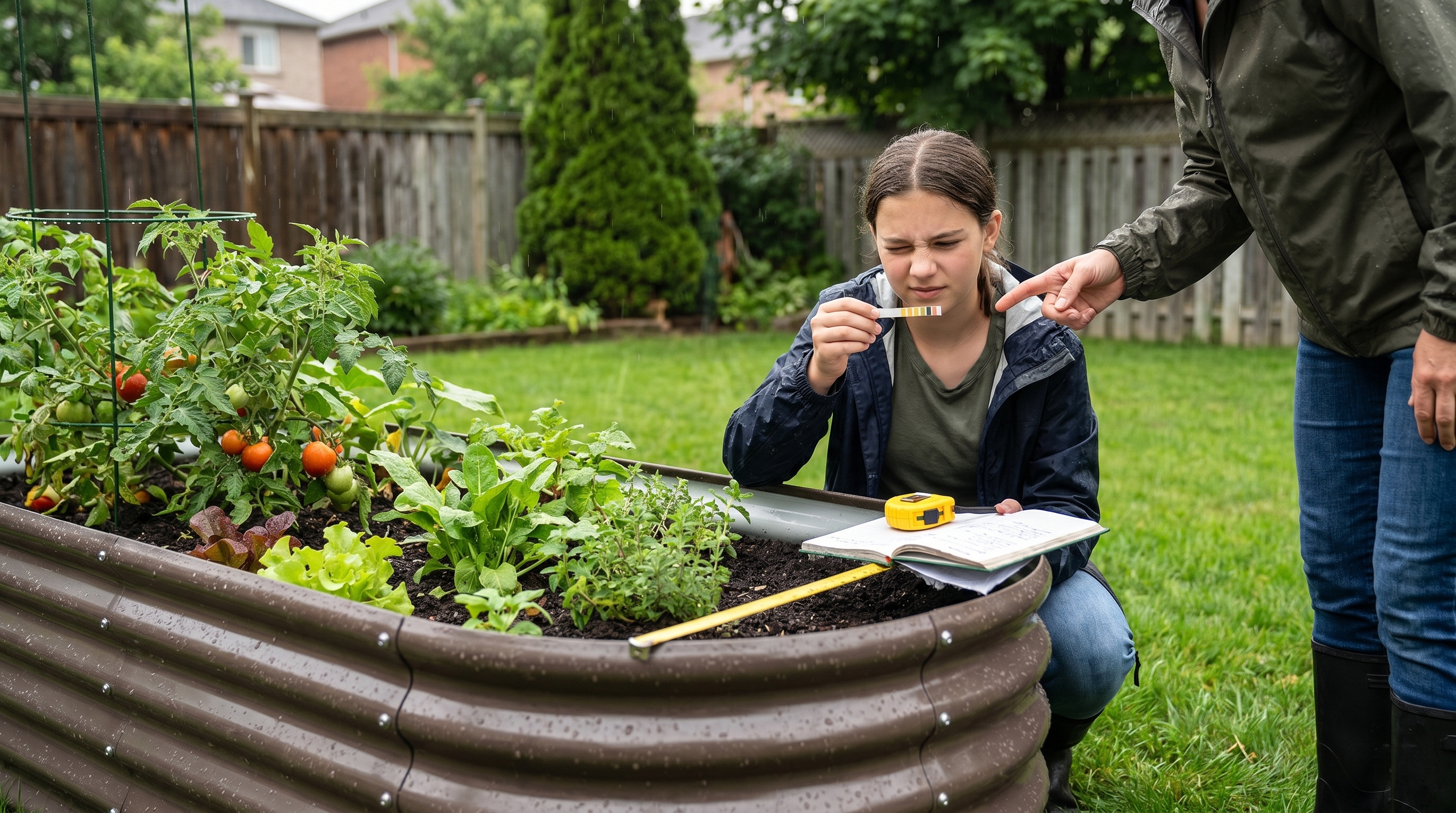 Teen and parent checking raised bed soil together during summer rain