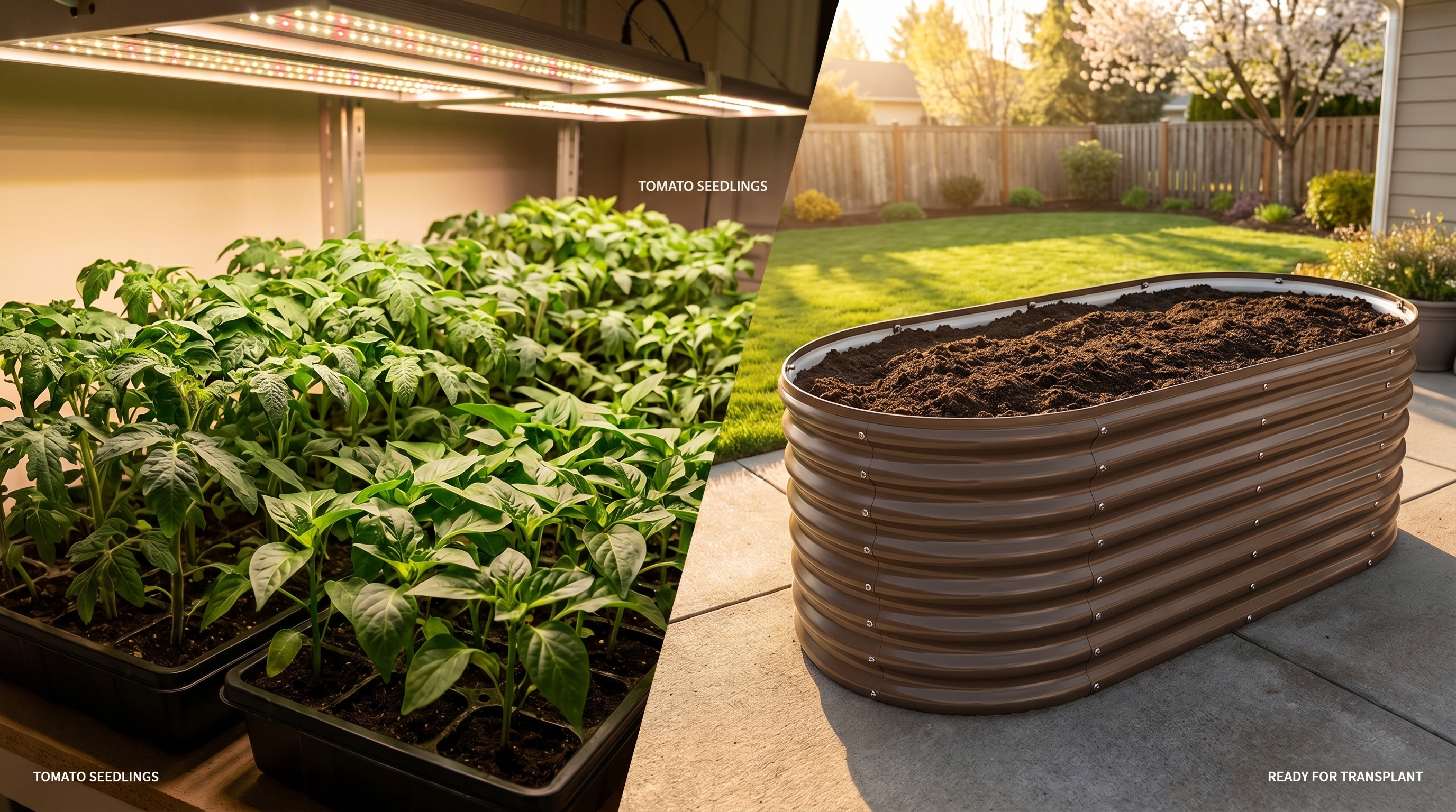 Healthy vegetable seedlings started under LED grow lights, ready for transplanting into galvanized raised garden beds outdoors