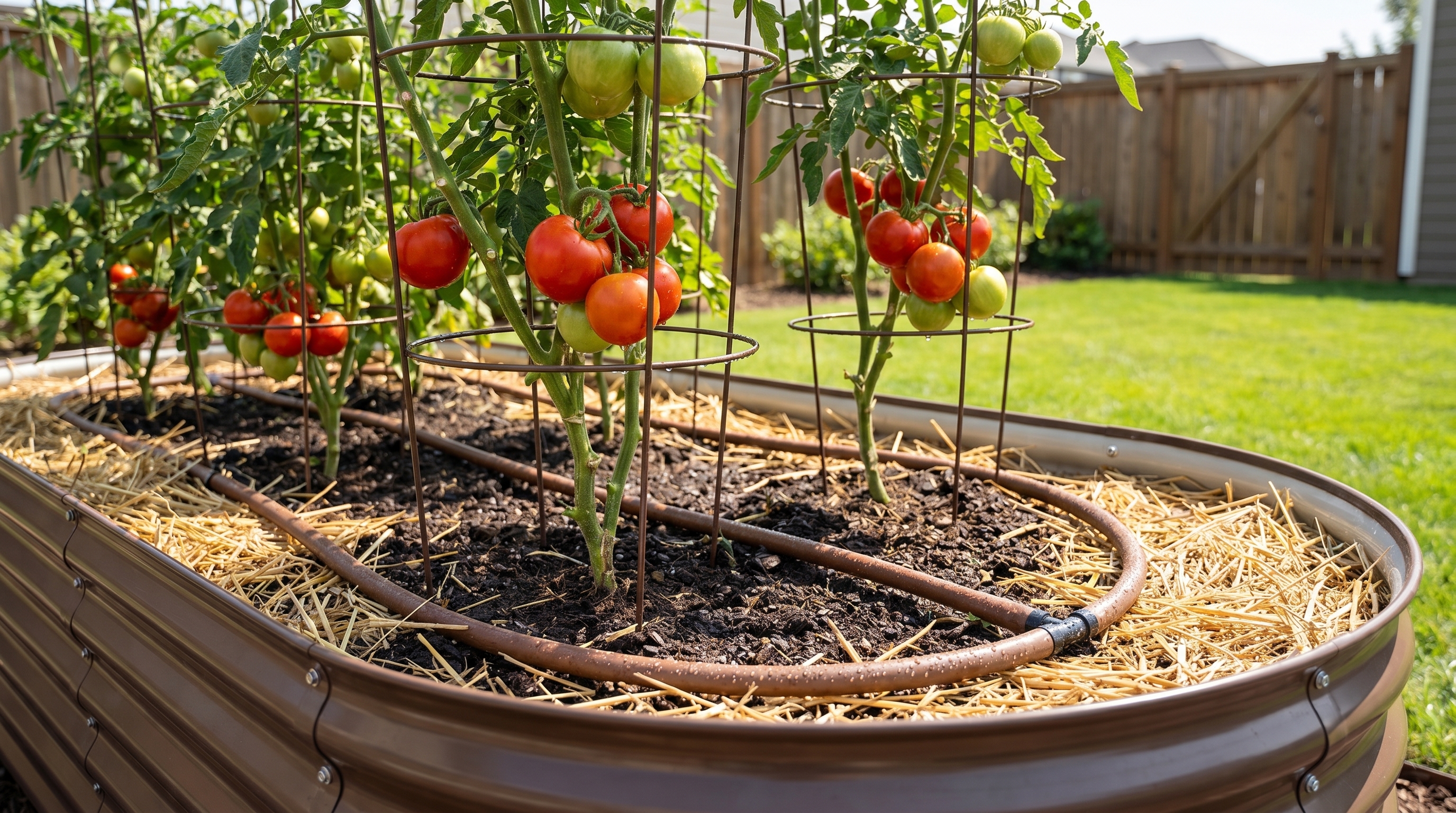 Tomato plants supported by cages growing in a galvanized steel raised garden bed with a drip irrigation system