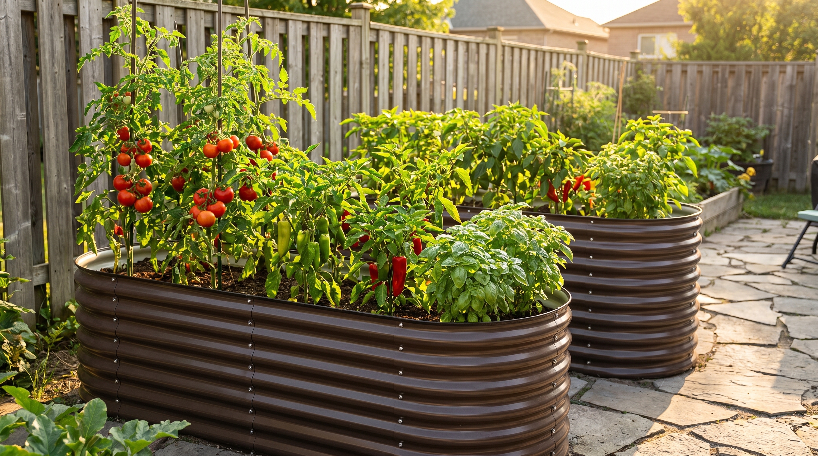 Galvanized steel raised garden beds filled with summer vegetables including tomatoes and peppers