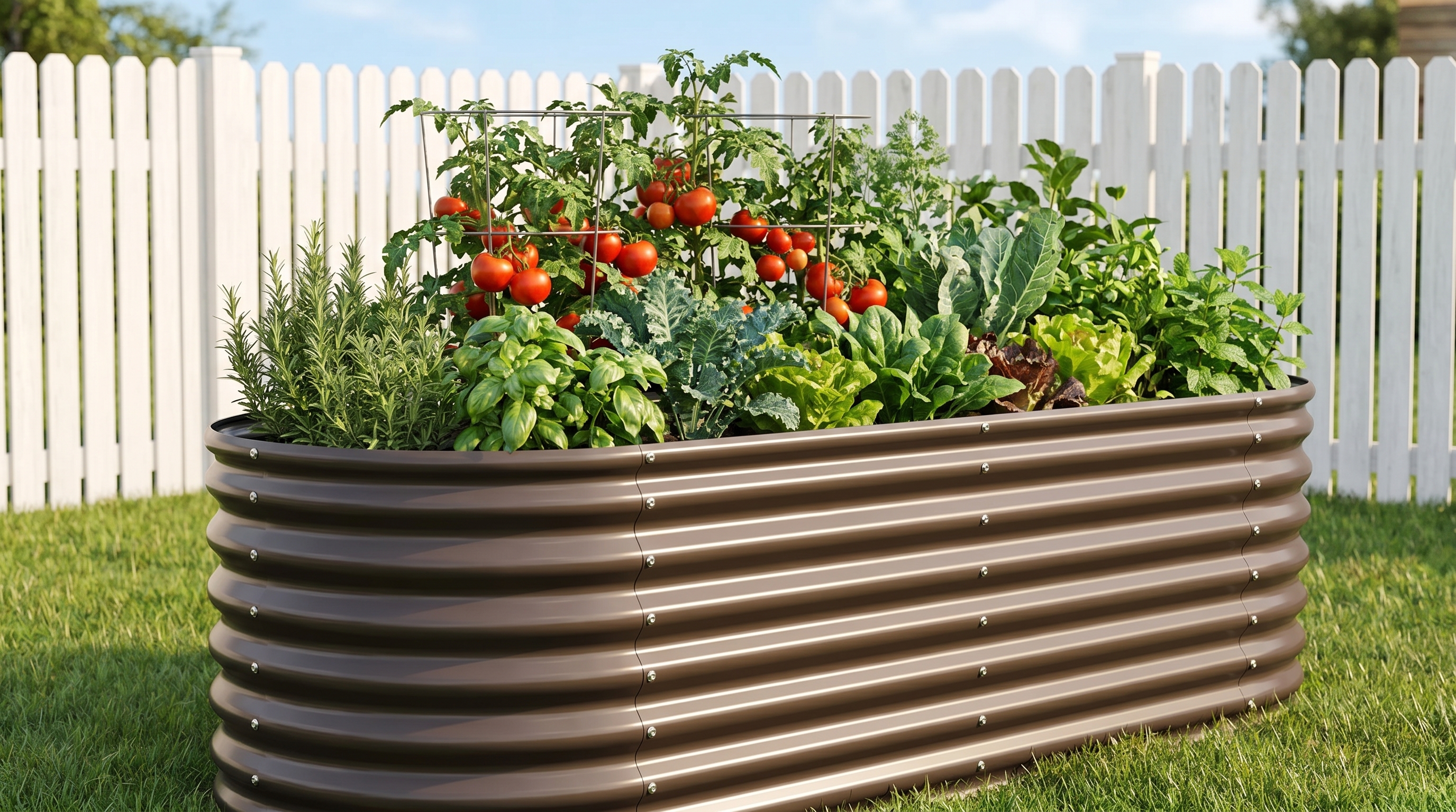 Anleolife galvanized raised garden bed with vegetables growing in a well-maintained backyard