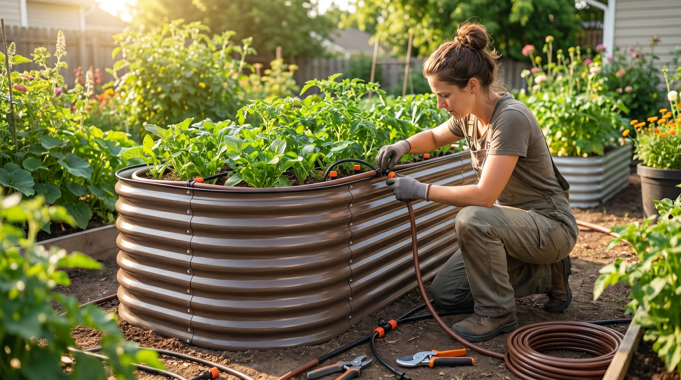 A beginner setting up drip irrigation on a raised garden bed in a sunny backyard