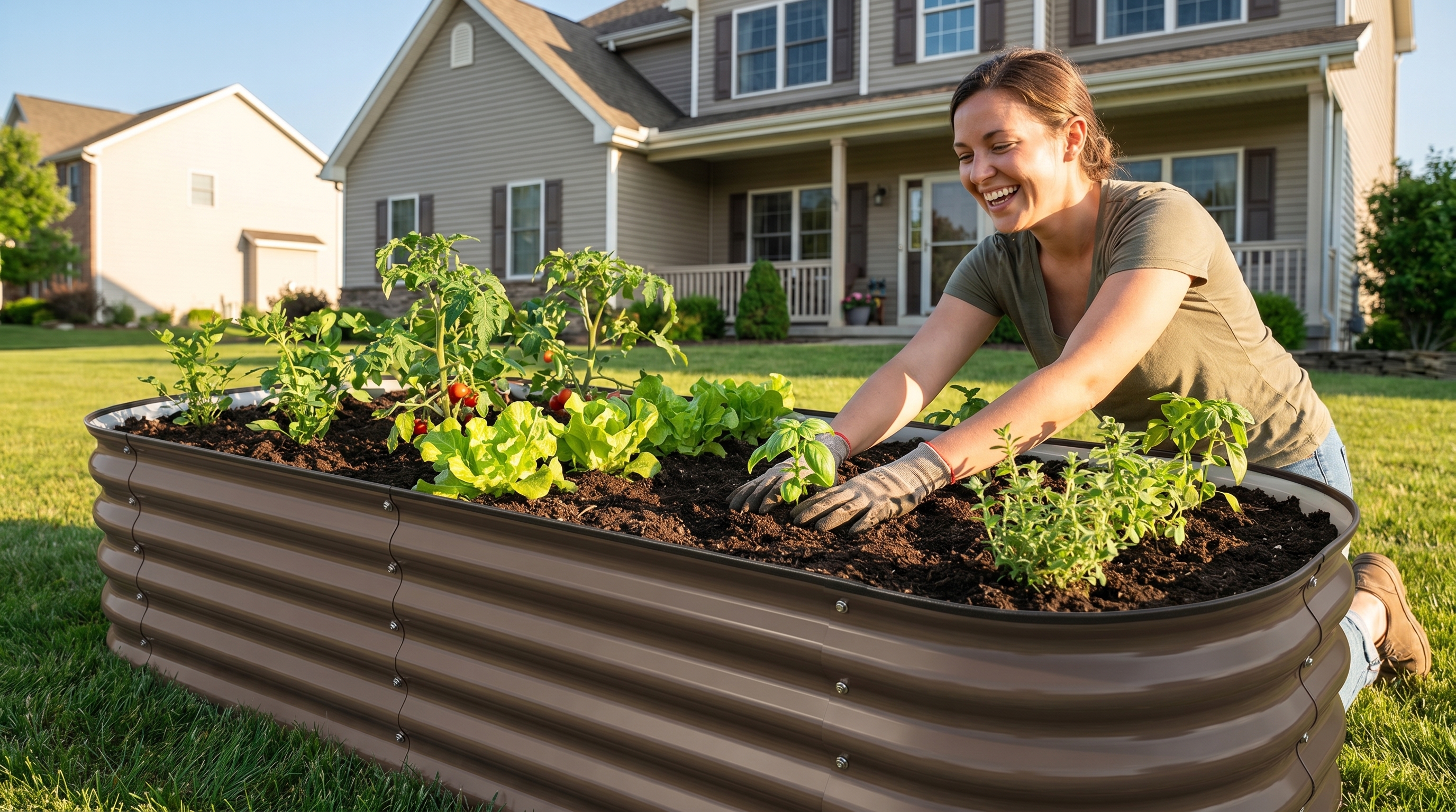 A beginner gardener planting vegetables in a galvanized steel raised garden bed in a sunny backyard
