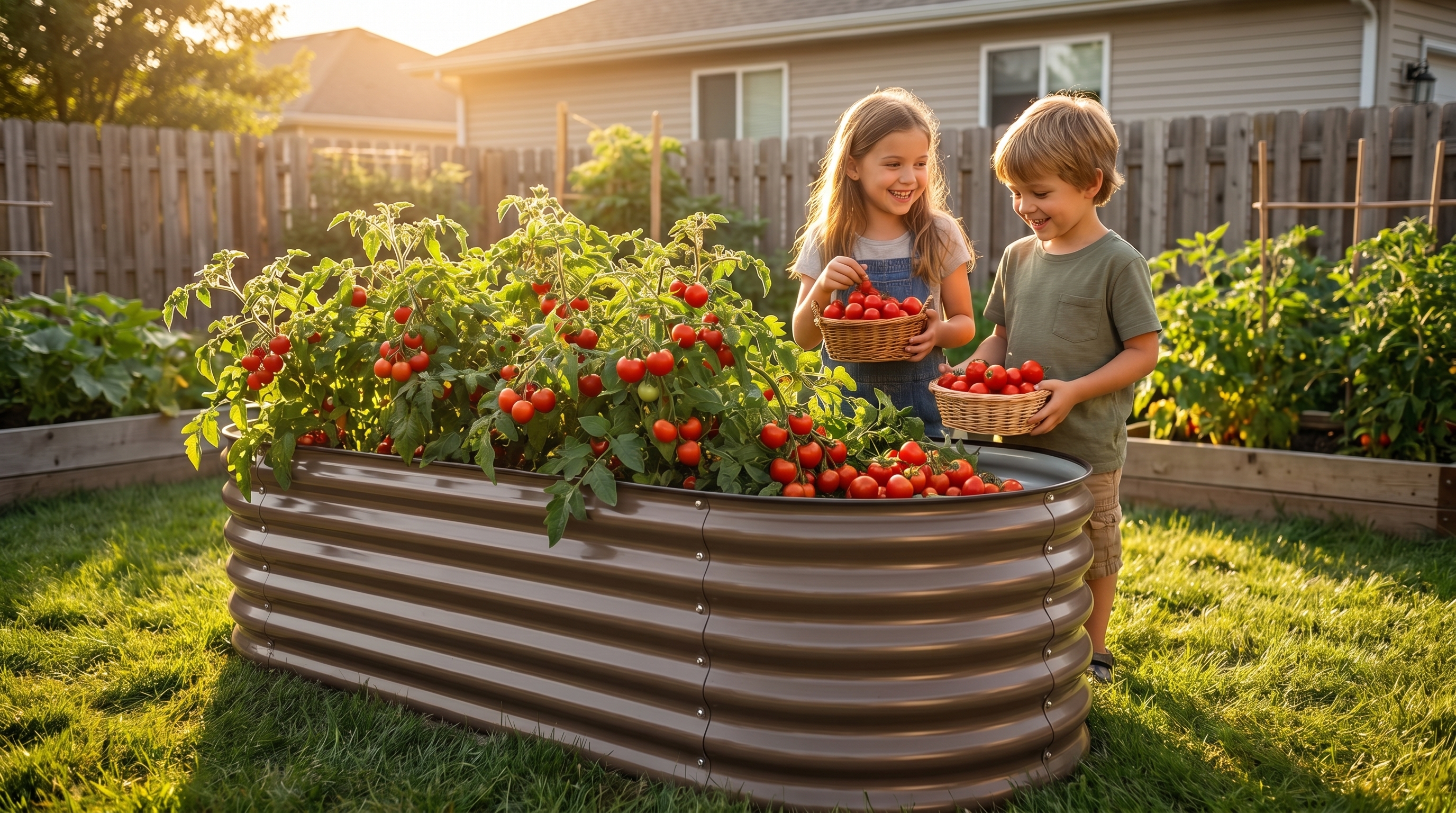 Children harvesting cherry tomatoes from a colorful galvanized steel raised garden bed in a backyard vegetable garden