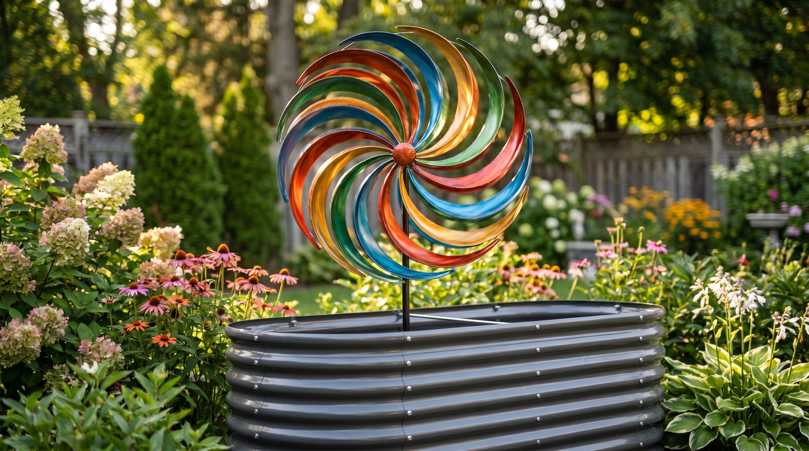A colorful kinetic wind spinner spinning gracefully in a lush backyard garden space