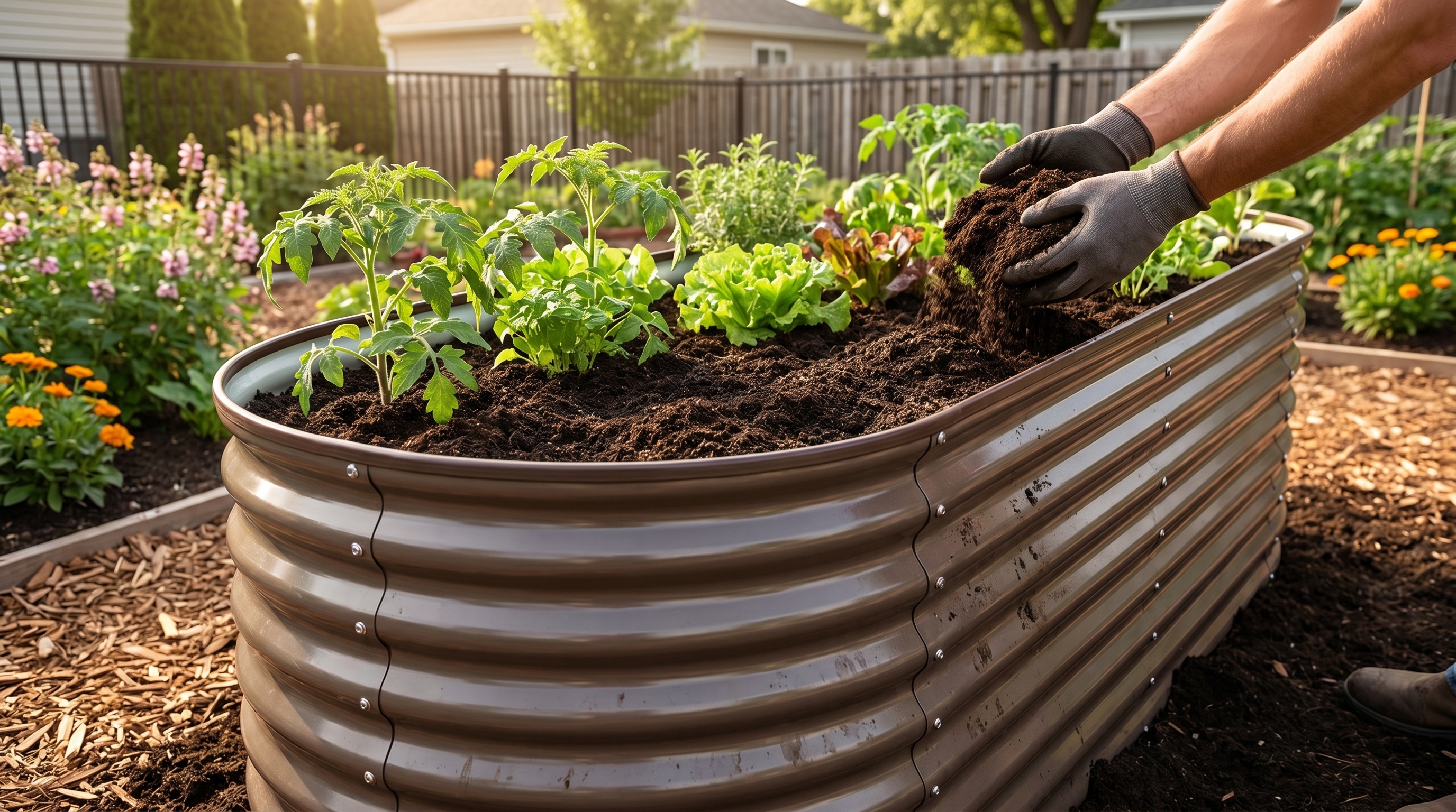 Compost being added to a raised garden bed filled with rich dark soil for vegetable growing
