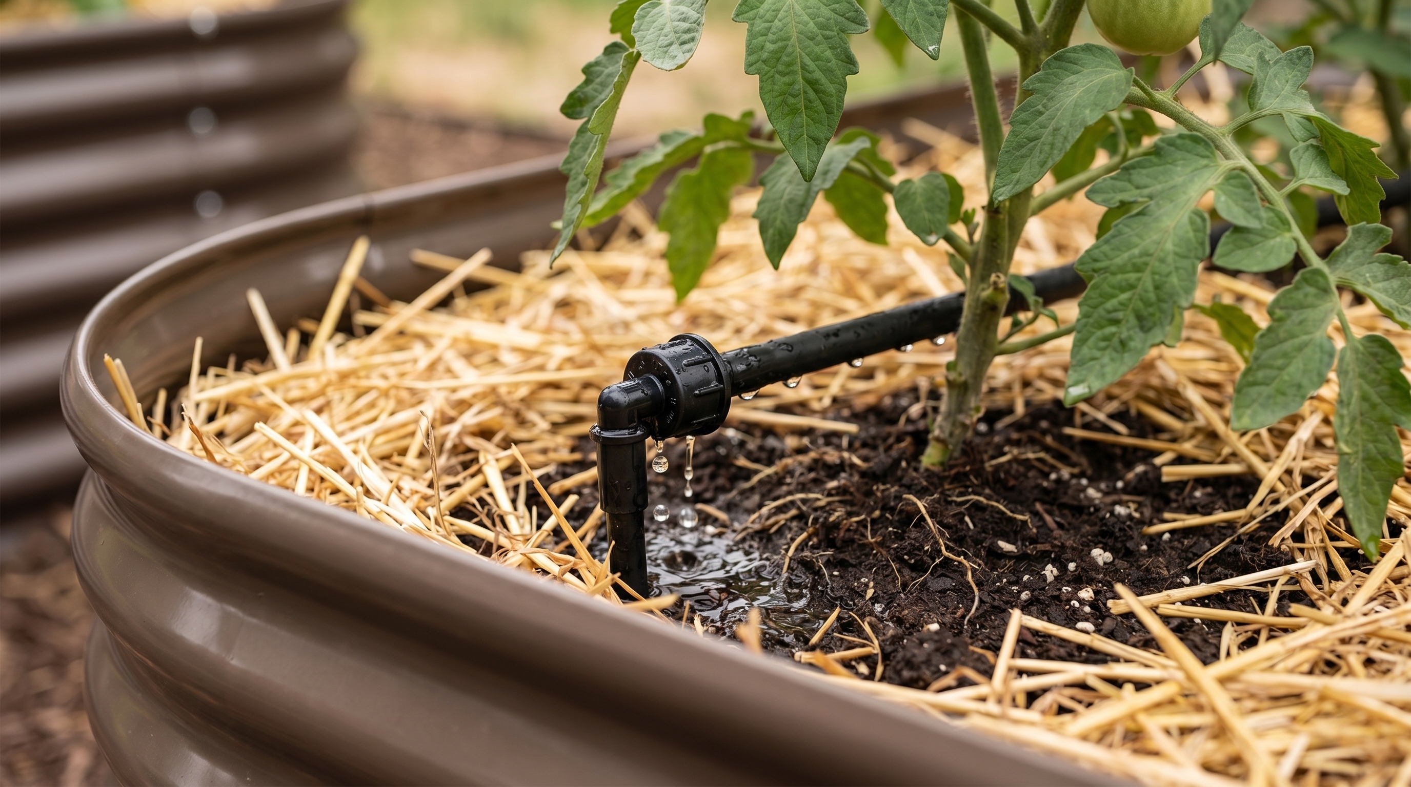 Close-up of a drip irrigation emitter at the base of a tomato plant in a galvanized steel raised garden bed with mulch layer