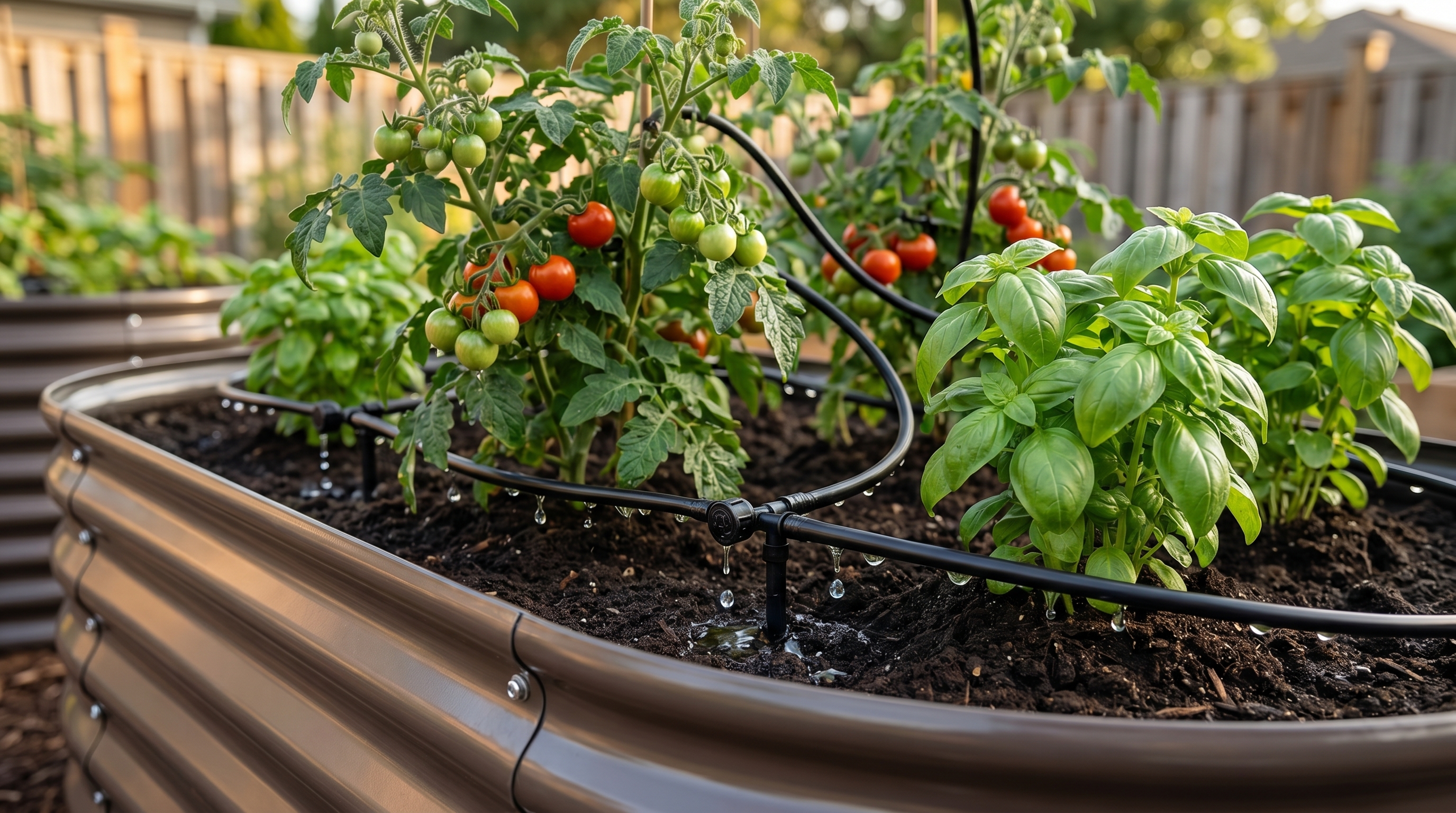 Drip irrigation emitters installed in a galvanized steel raised garden bed growing tomatoes and herbs