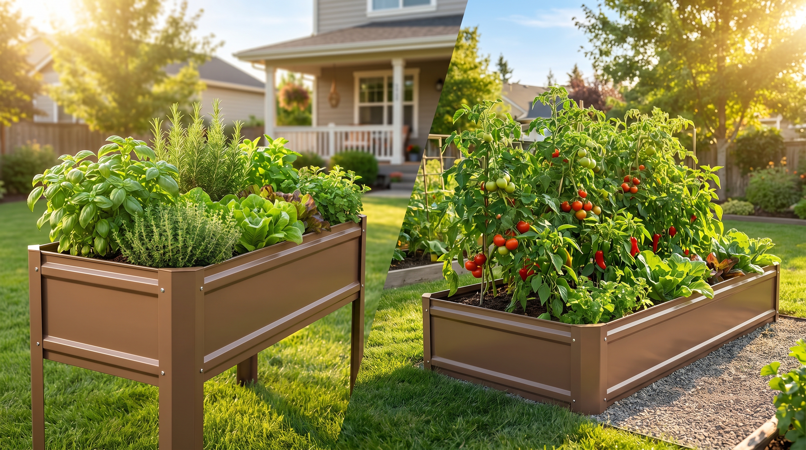 A side-by-side comparison of elevated garden beds and ground-level raised beds in a sunny backyard garden setting