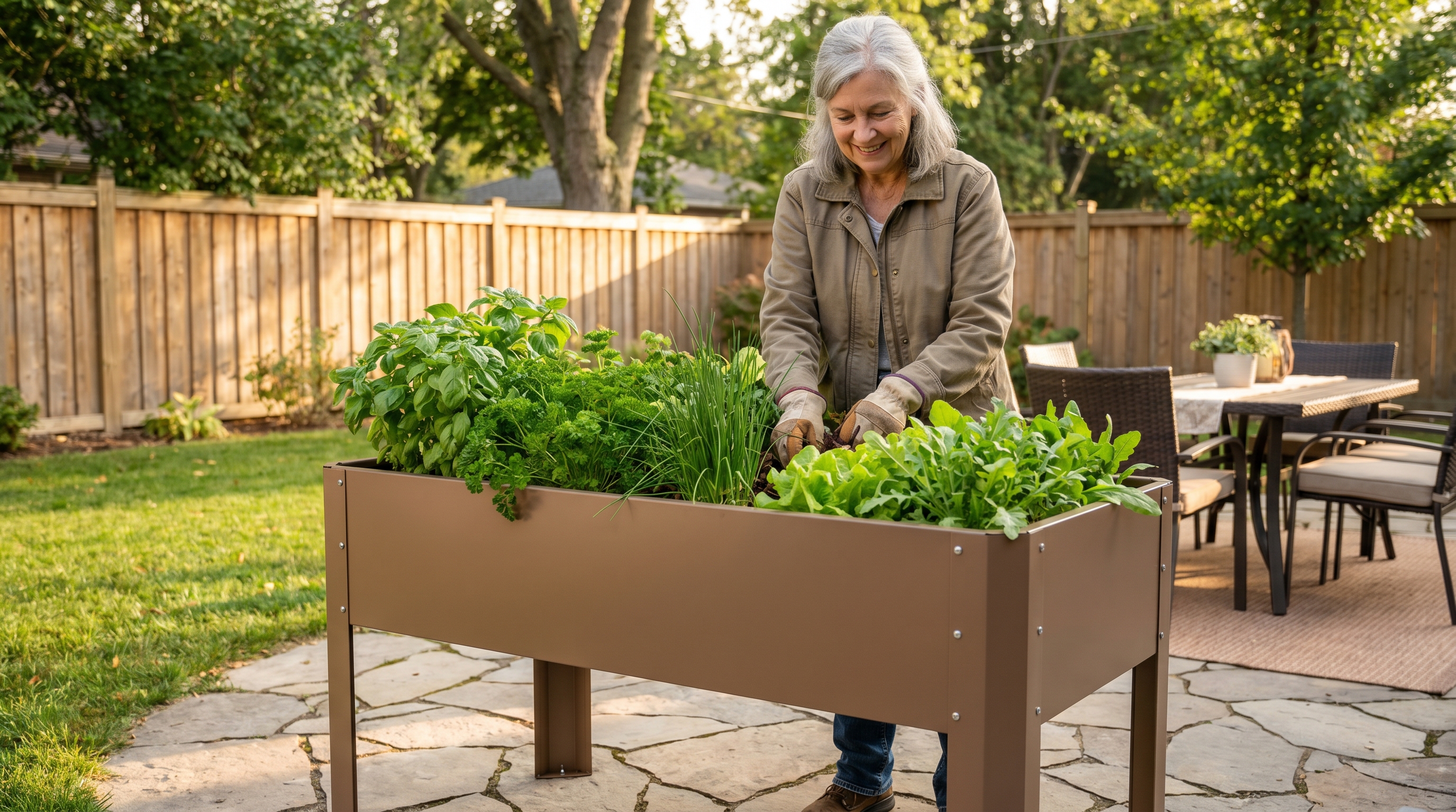 An elevated waist-high galvanized steel garden bed on a patio filled with herbs and salad greens, showing ergonomic gardening for seniors