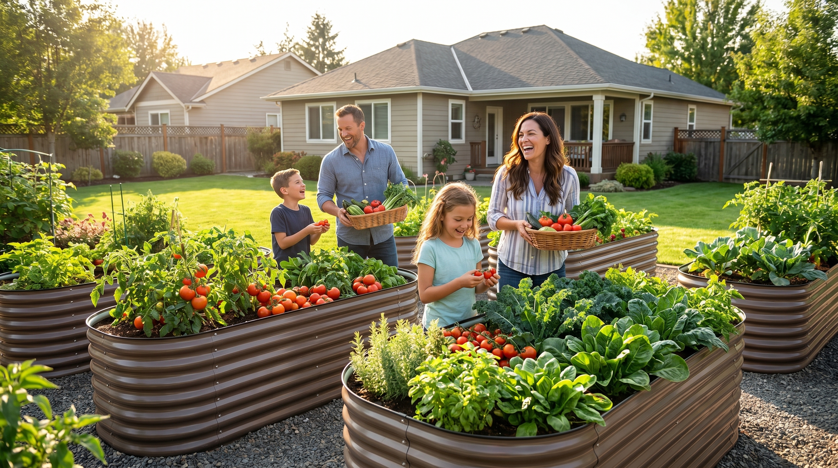 A family harvesting fresh vegetables from a raised metal garden bed in a sunny backyard