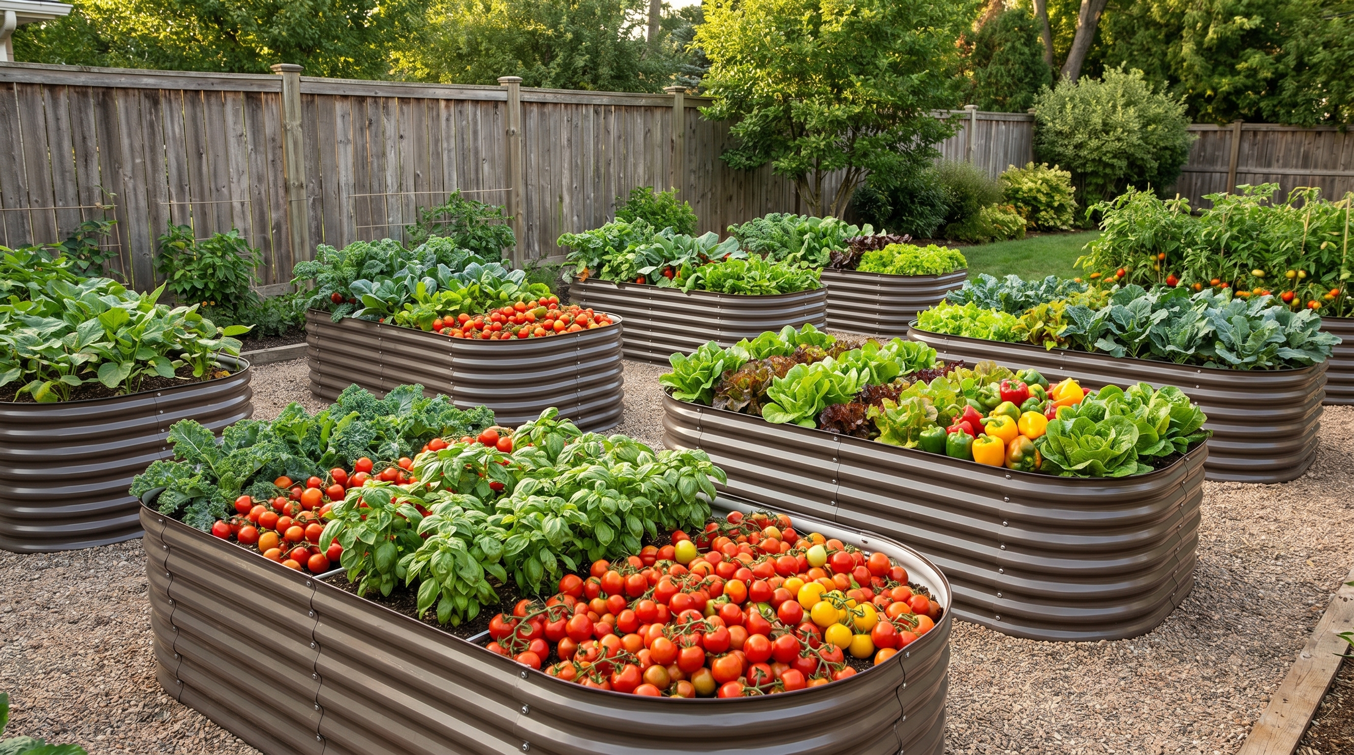 A neatly organized backyard vegetable garden with galvanized raised beds filled with growing tomatoes, herbs, and greens