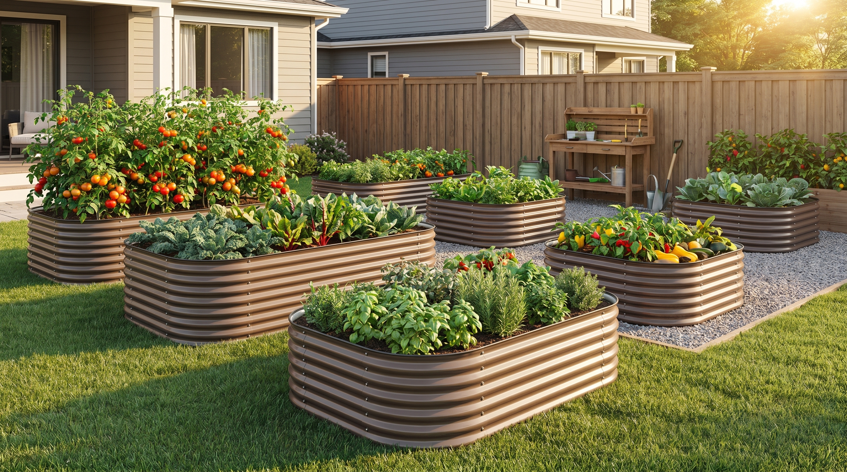 Lush vegetable garden growing in galvanized steel raised garden beds with modular configurations