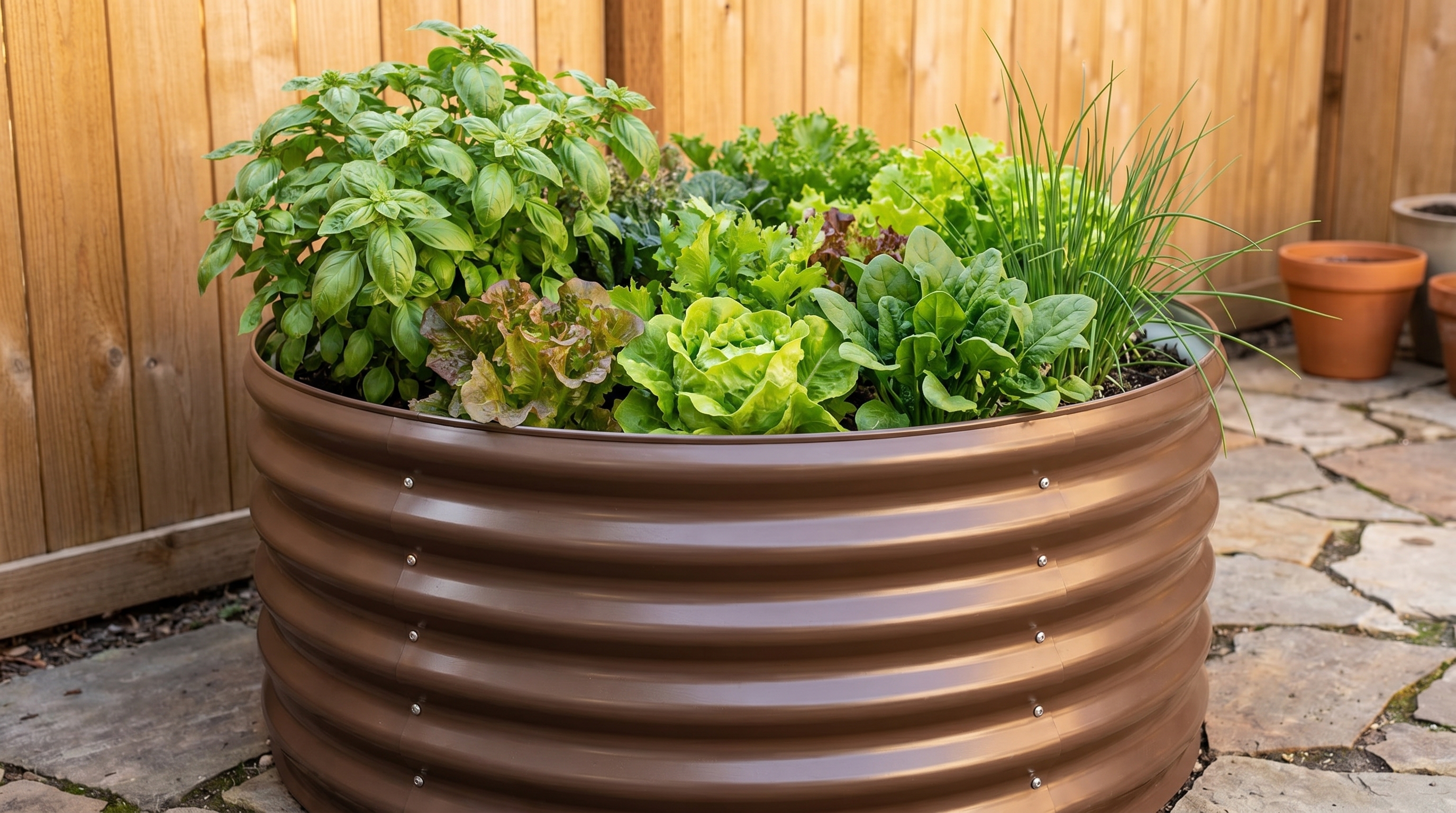 A galvanized steel round raised garden bed filled with lush herbs and lettuce in a compact urban backyard patio space