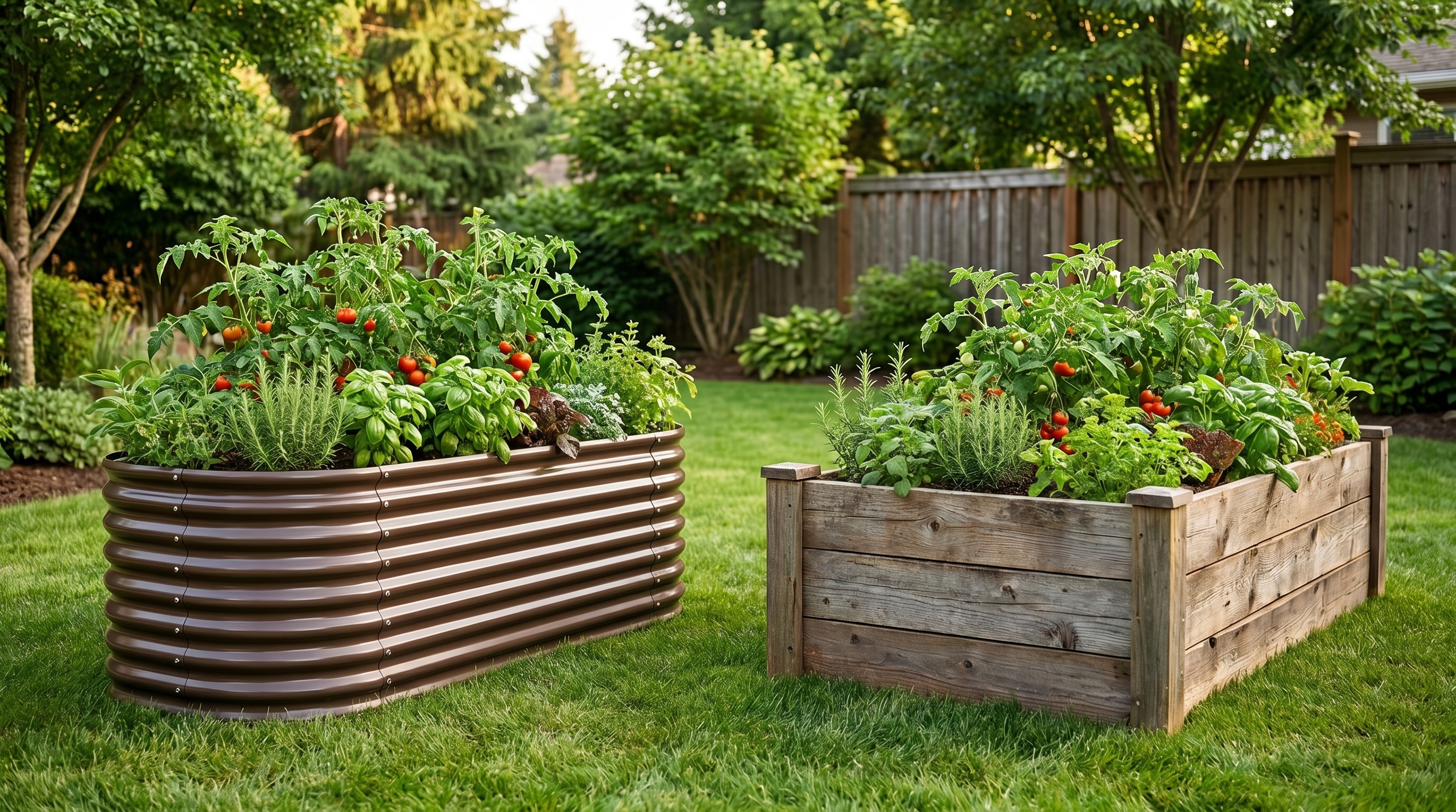 Galvanized steel raised garden bed versus wood raised garden bed comparison in a lush backyard garden
