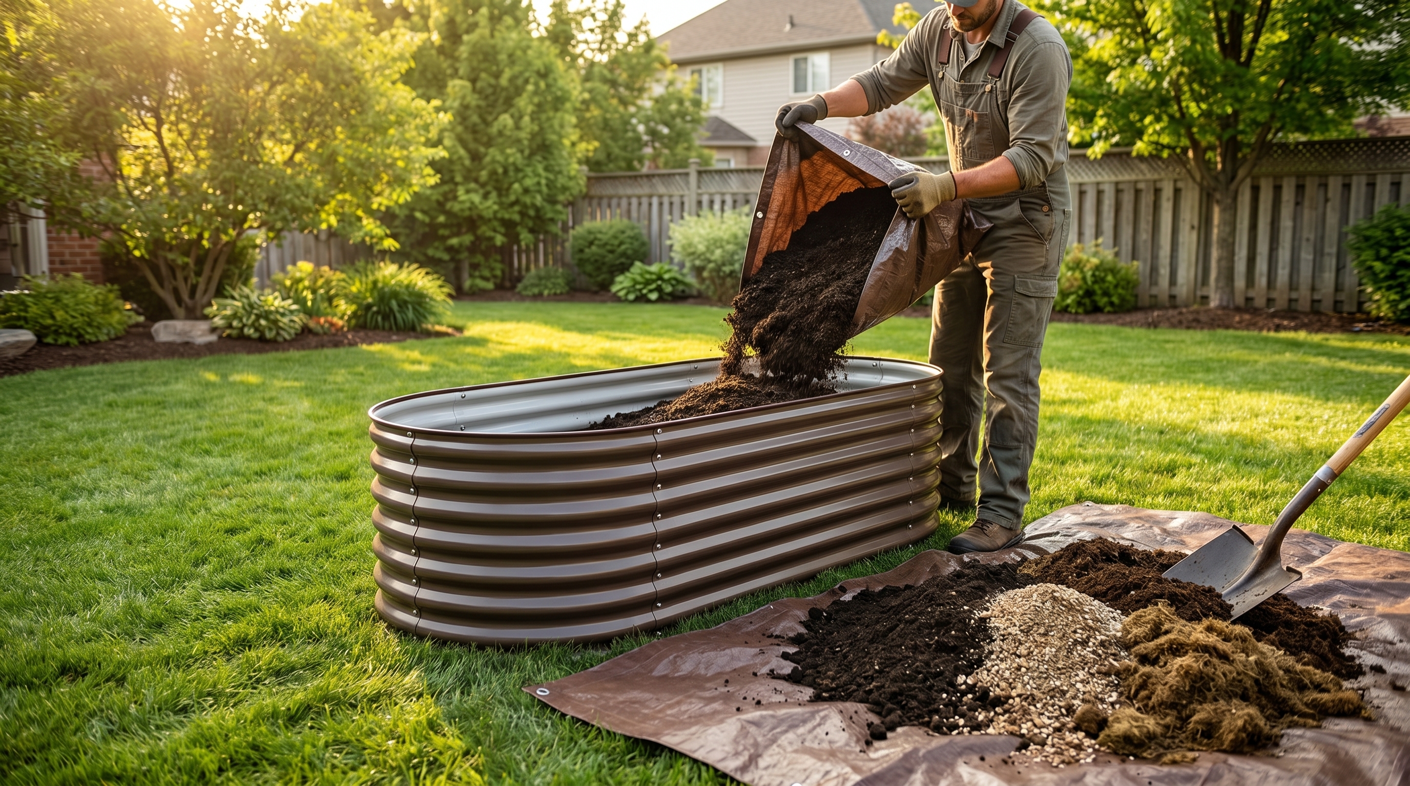 A gardener filling a raised metal garden bed with rich, dark soil mix following the Mel's Mix recipe A gardener filling a raised metal garden bed with rich, dark soil mix following the Mel's Mix recipe