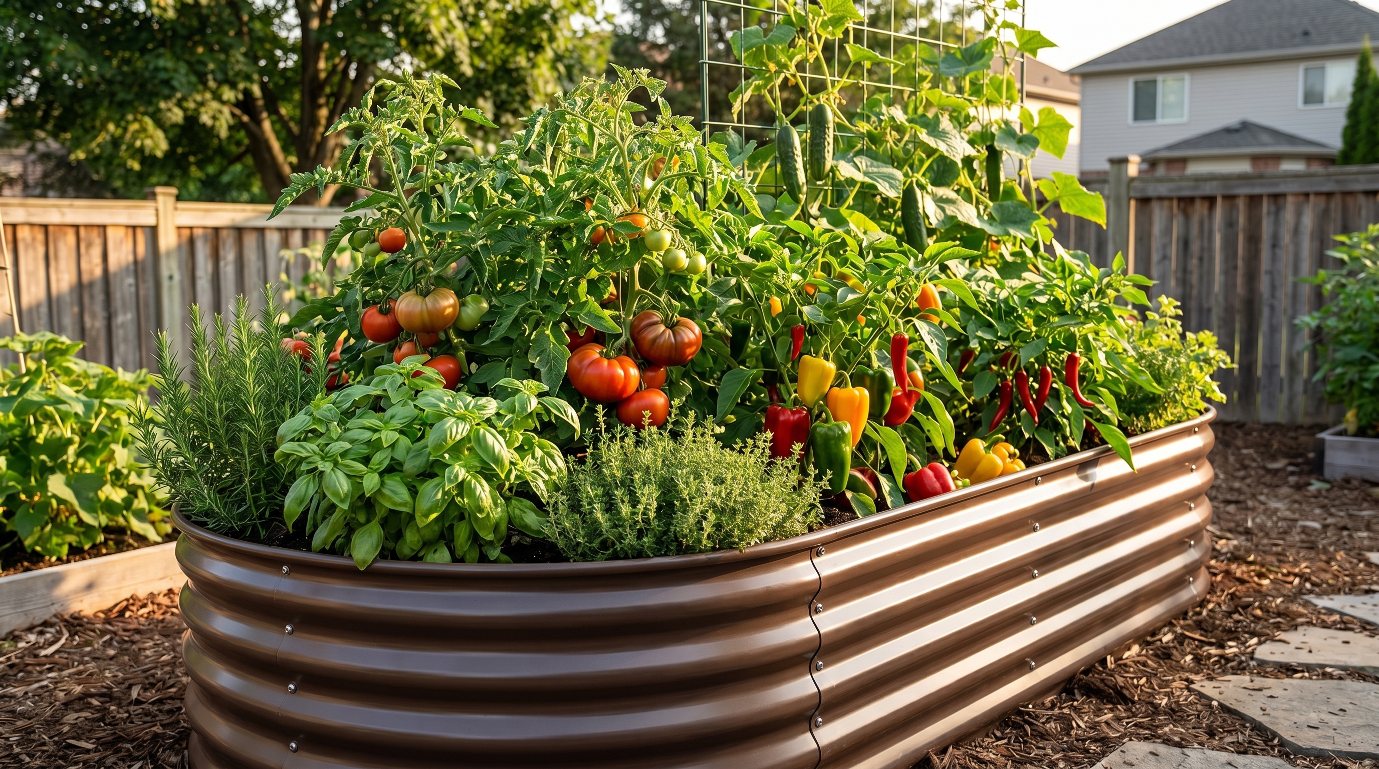 A thriving raised garden bed filled with colorful heat-tolerant summer vegetables and herbs