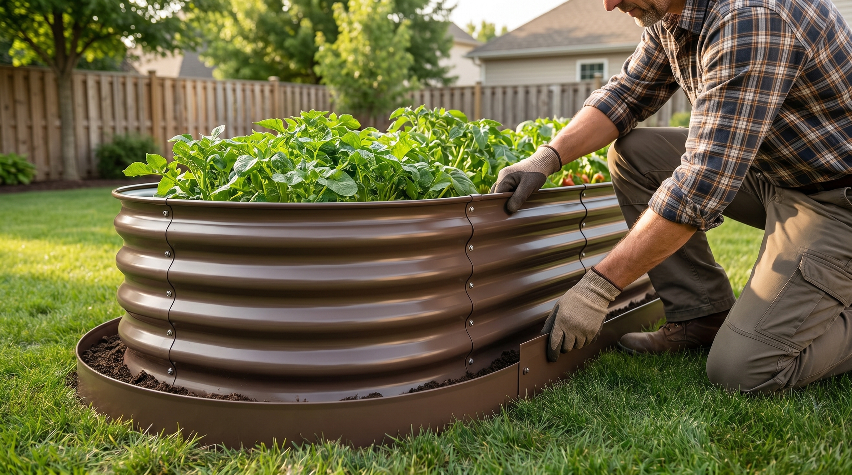 A homeowner installing garden edging around a raised metal garden bed to block weeds