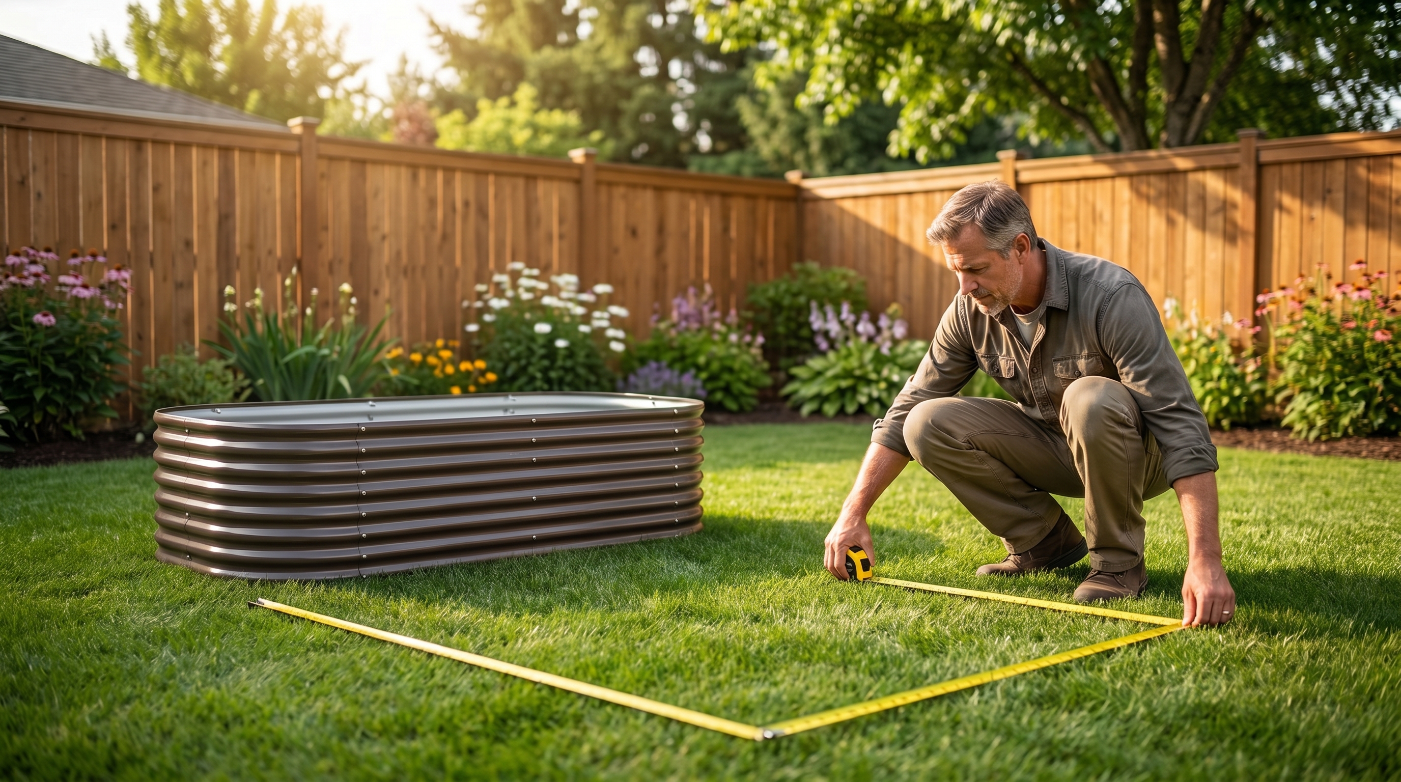 A homeowner measuring a backyard space to choose the right size raised garden bed for vegetables