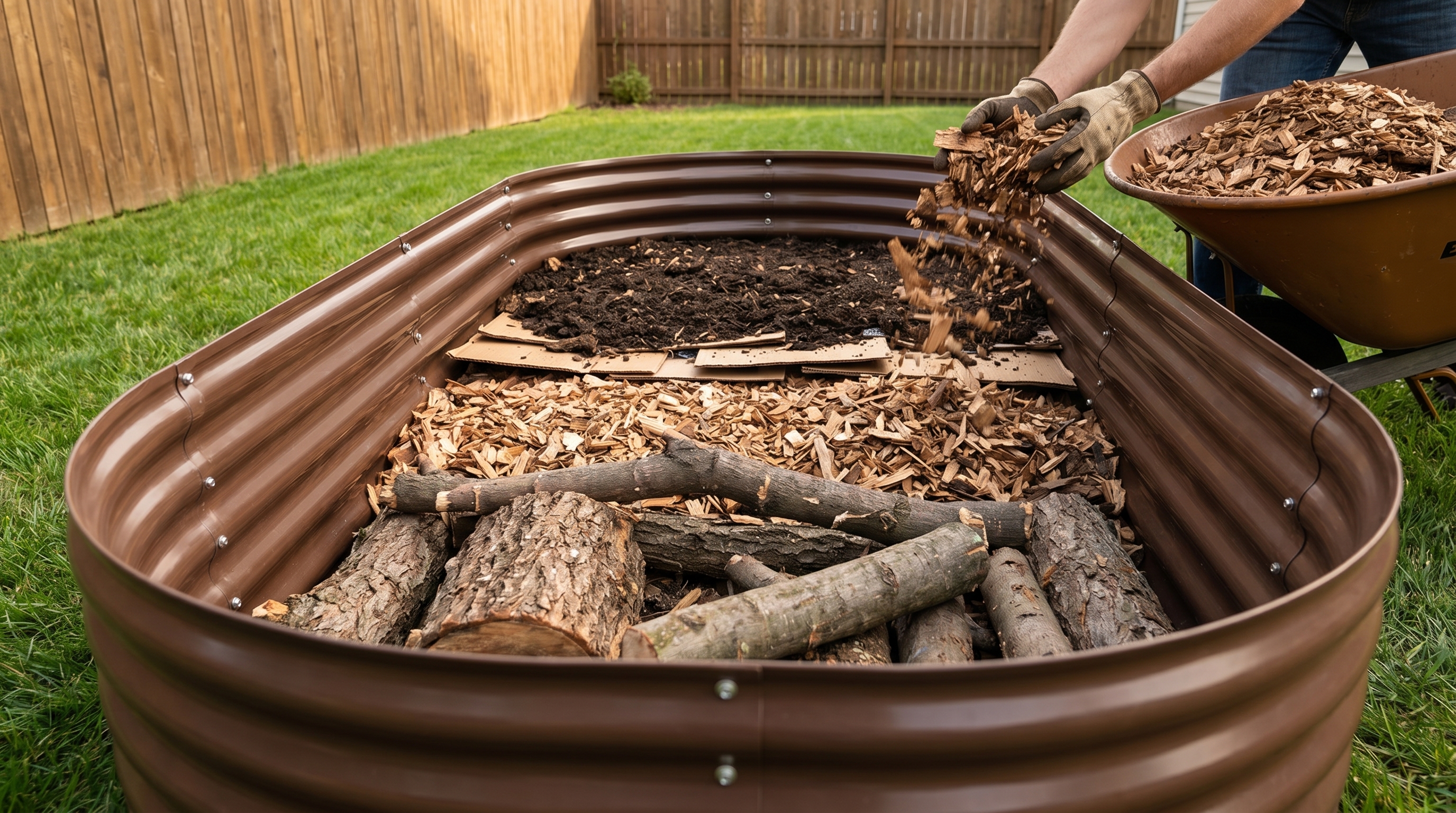 A large galvanized steel raised garden bed being filled with layered organic materials using hugelkultur method