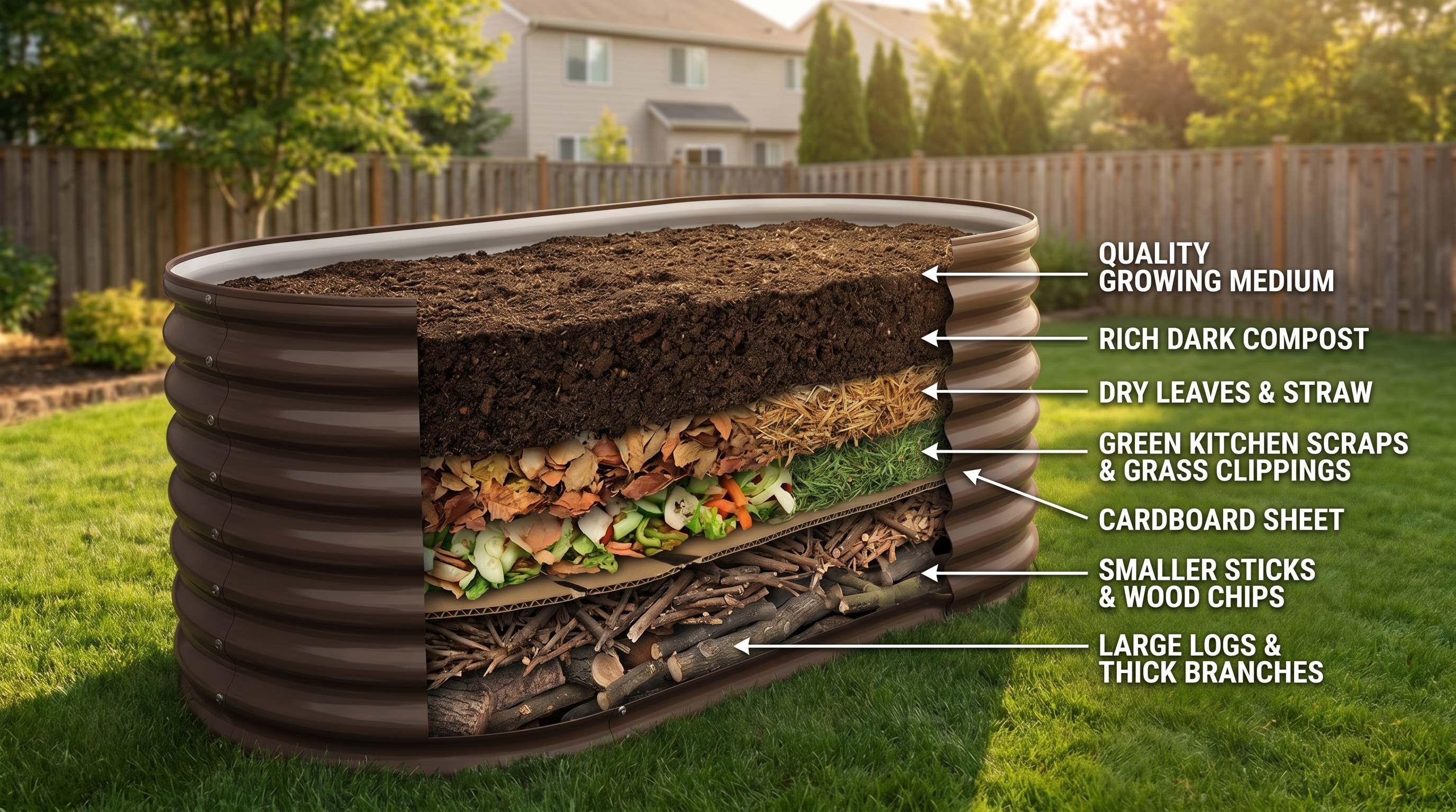 Layered organic materials inside a deep galvanized steel raised garden bed showing hugelkultur wood base and compost layers